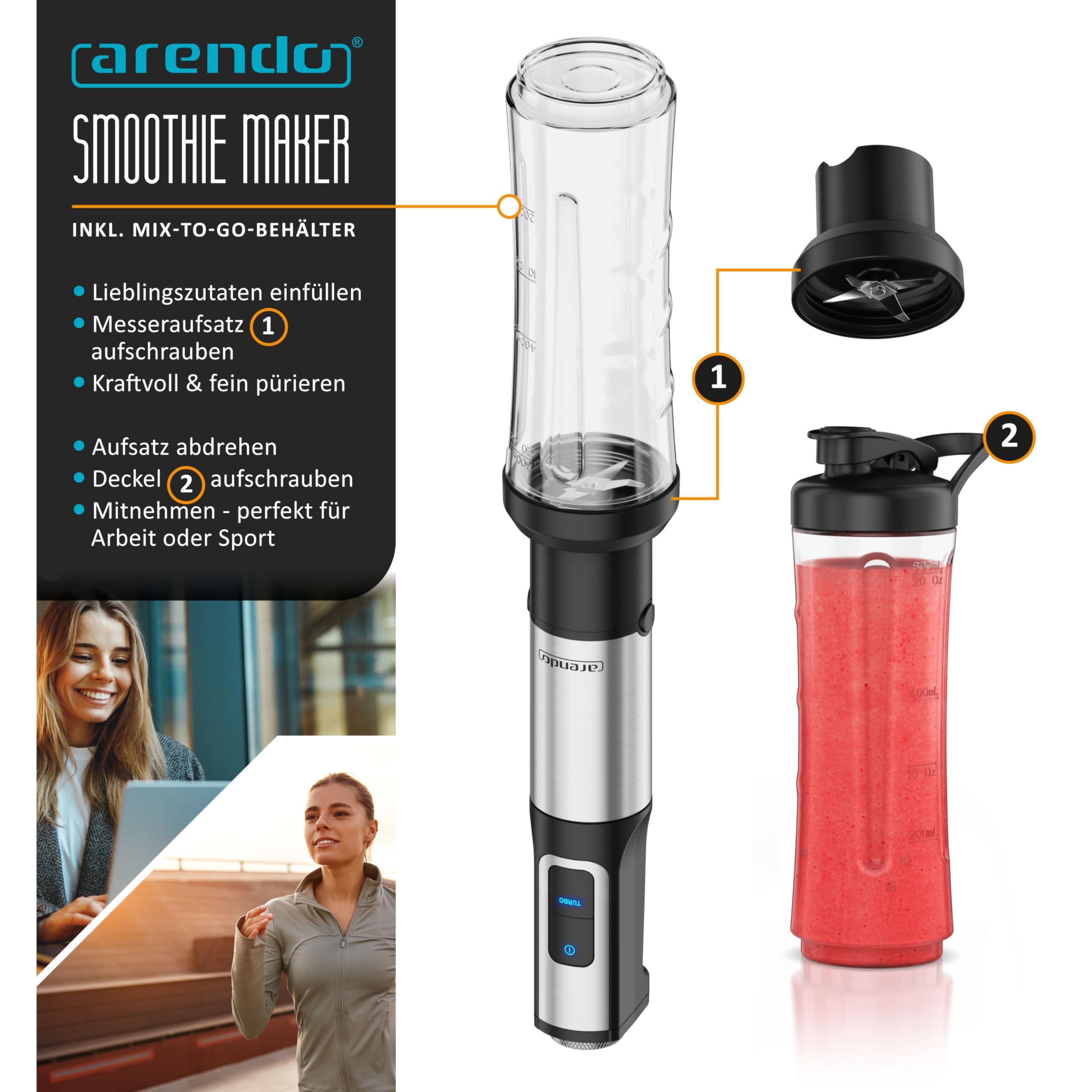 Arendo - Edelstahl Stabmixer 1500 Watt – Standmixer mit Trinkflasche Deckel und Messereinheit - Handmixer - Pürierstab - 12 Geschwindigkeitsstufen - Turbotaste – Smoothie Maker