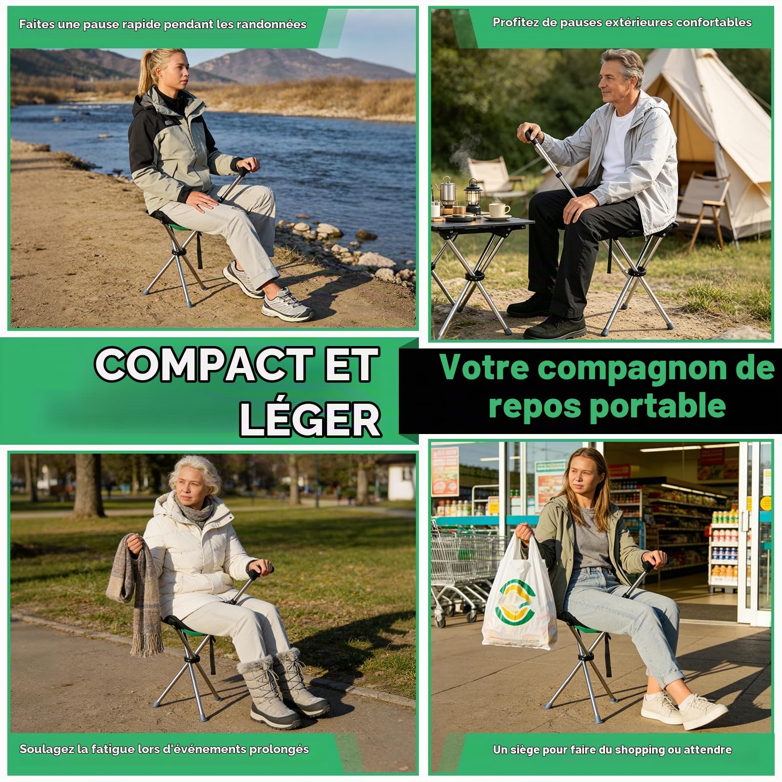 Canne de Marche avec Siège Pliable, Canne Siège Pliante, Hauteur Réglable | Bâton de Marche 2 en 1 avec Siège Pliable, Charge 150kg, Légère et Réglable, Idéale Randonnée, Camping, Voyage, Extérieures