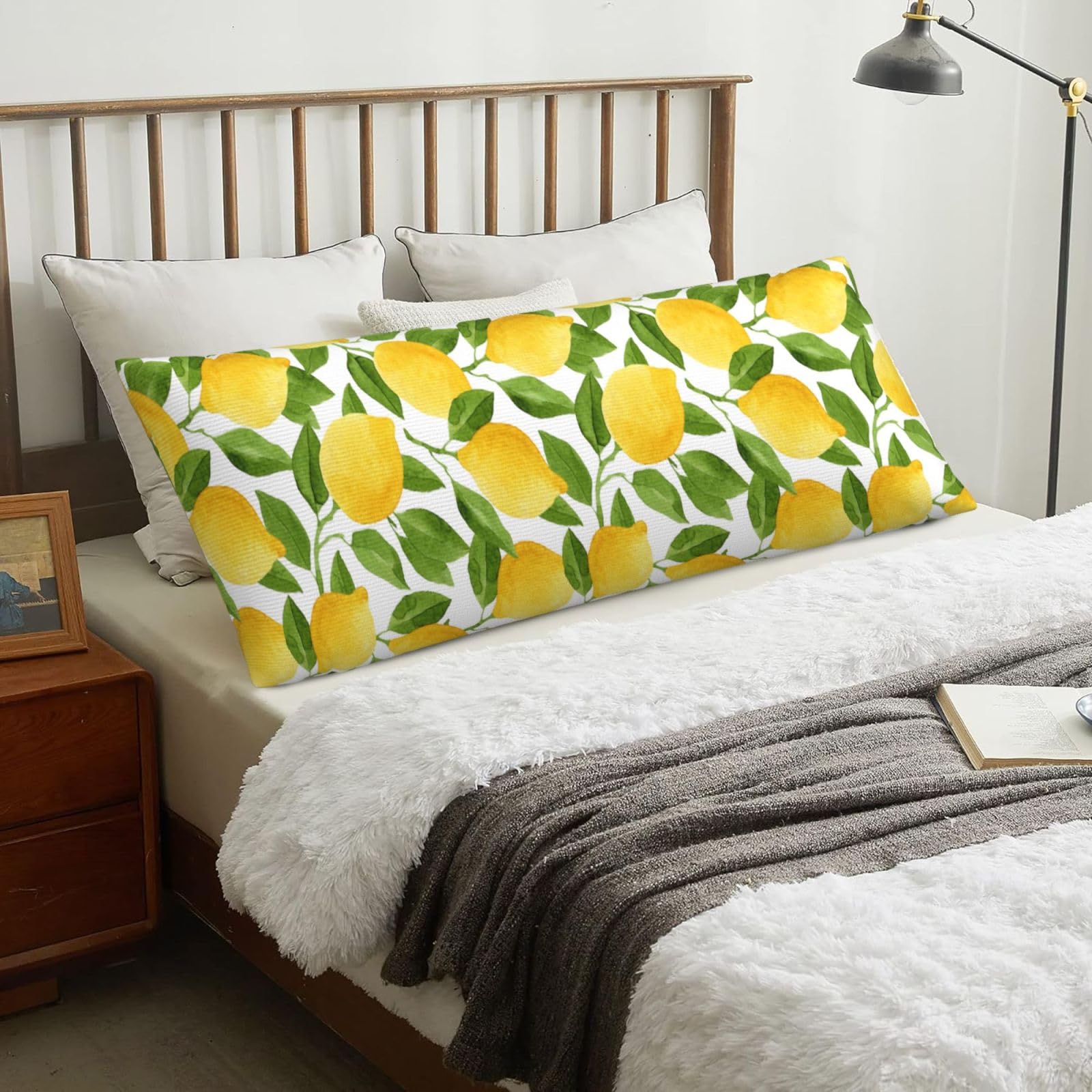 Bright Yellow Watercolor Lemons, Body Pillow Cover with Zipper,Long Body Pillowcase 20 x 60 in