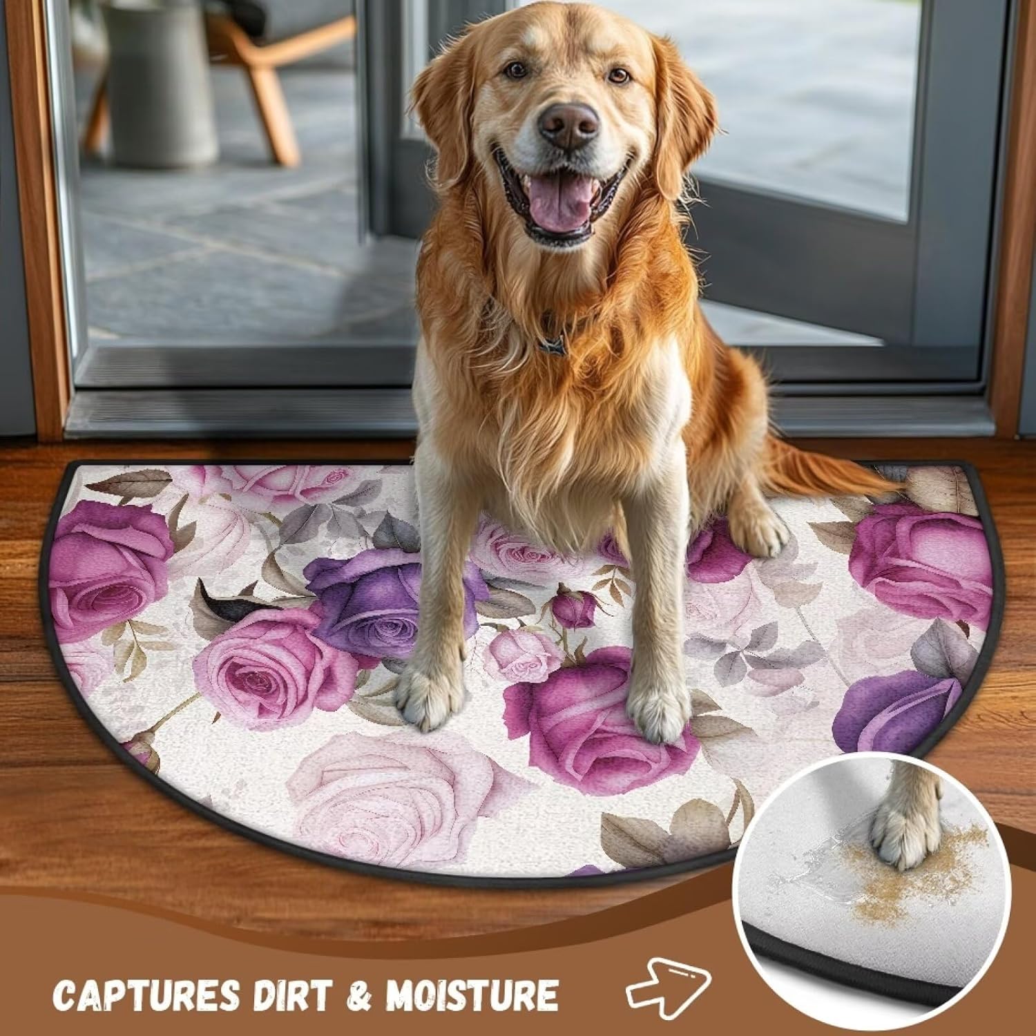 Front Door Mat Indoor Entrance Non Slip Rose Rugs for Bedroom Winter Outside Doormat Absorbent Low Profile Inside Entrance Floor Mat for Muddy Wet Shoes and Paws Half Round Mats