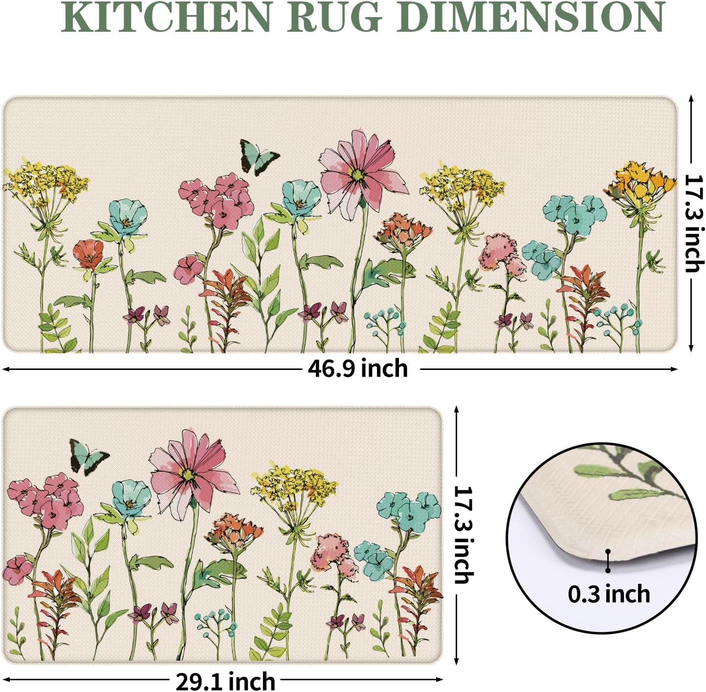 Kitchen Mats for Floor 2 Piece Cream, Colorful Flower Butterfly Kitchen Floor Mats for in Front of Sink, Floral Kitchen Rugs Non Slip Washable