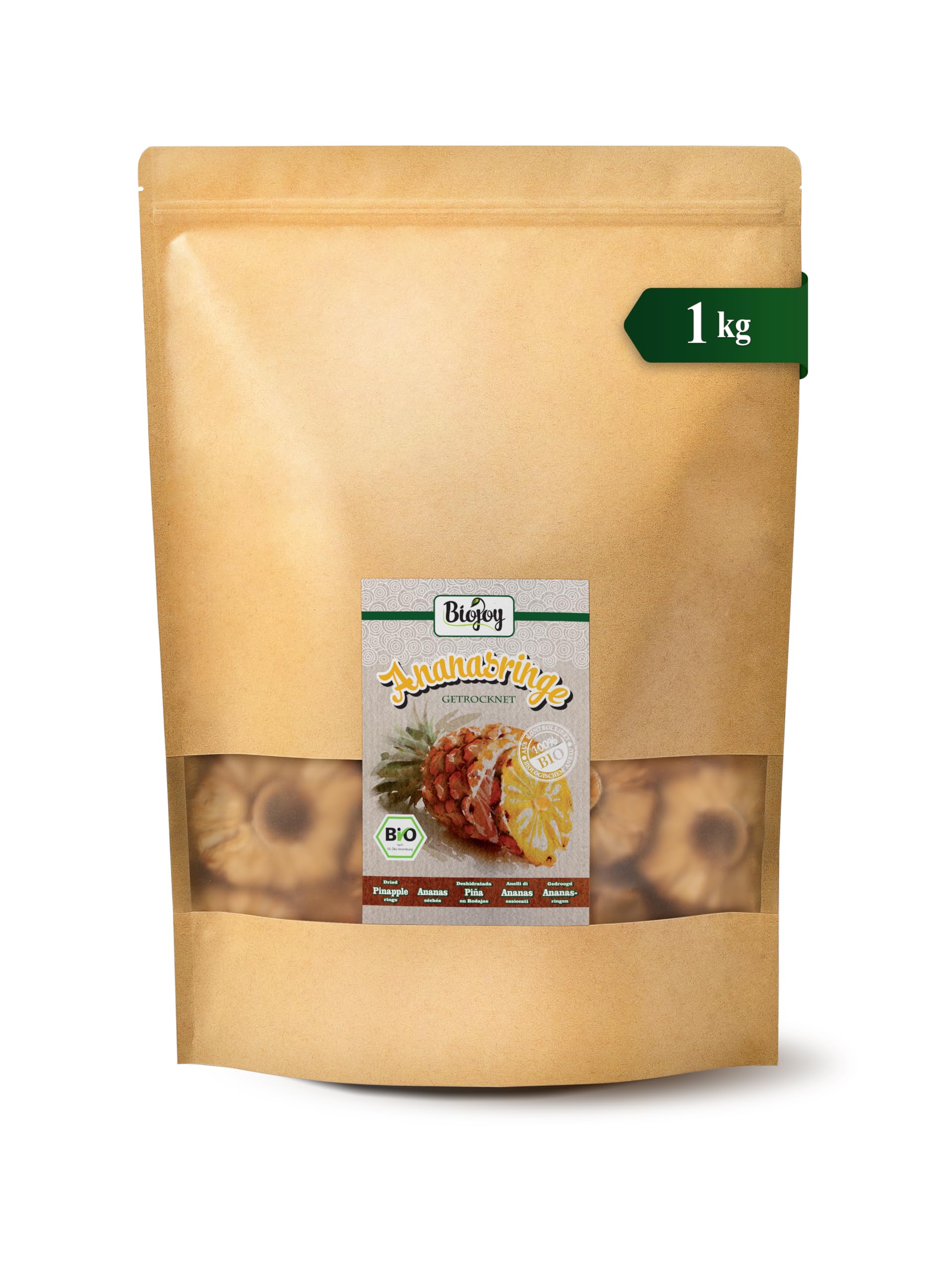 Biojoy Fette di Ananas disidratato BIO (1 kg), senza zucchero aggiuntо e senza zolfo