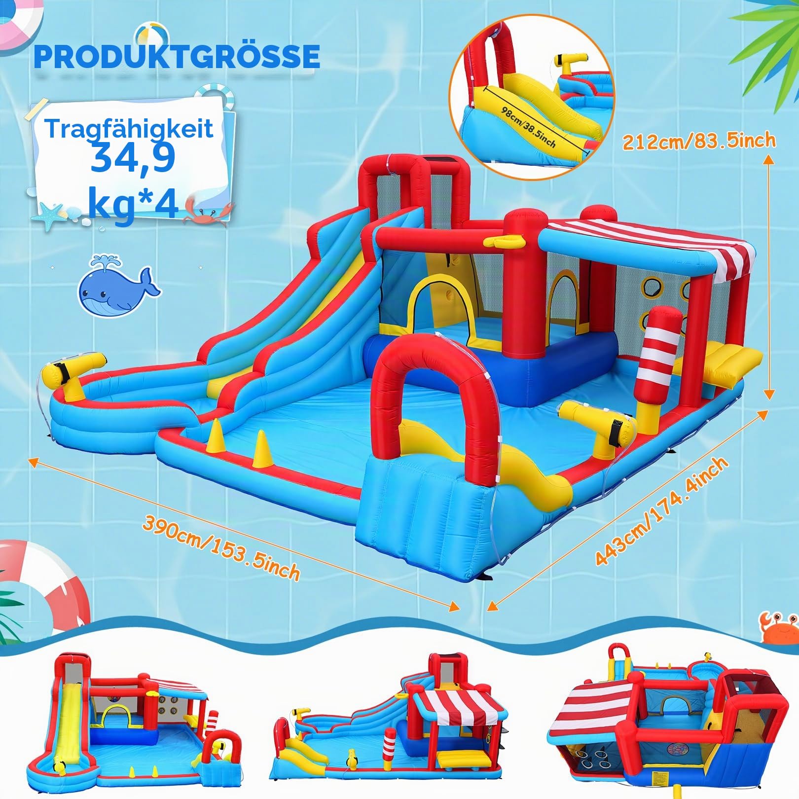 Aufblasbare Wasserrutsche 15‑in‑1 Hüpfburg Wasserpark mit Langer Rutsche & großem Pool, Snack‑Stand mit Sonnendach, Mini‑Rutsche, Sprühnebel & Wasserkanonen für Kinder, Garten Outdoor Party Geschenk