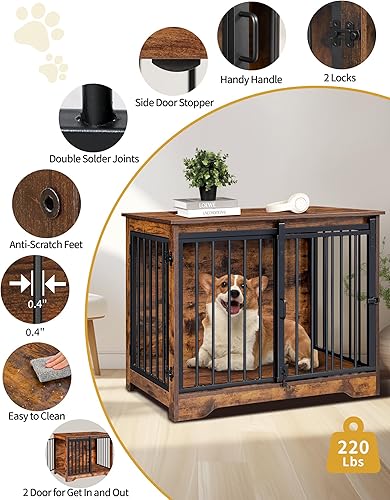 Miniatura 7 de Mueble de jaula para perros de 31.9 pulgadas con puerta de granero, perrera resistente para interiores con 2 puertas, mesa auxiliar de madera para