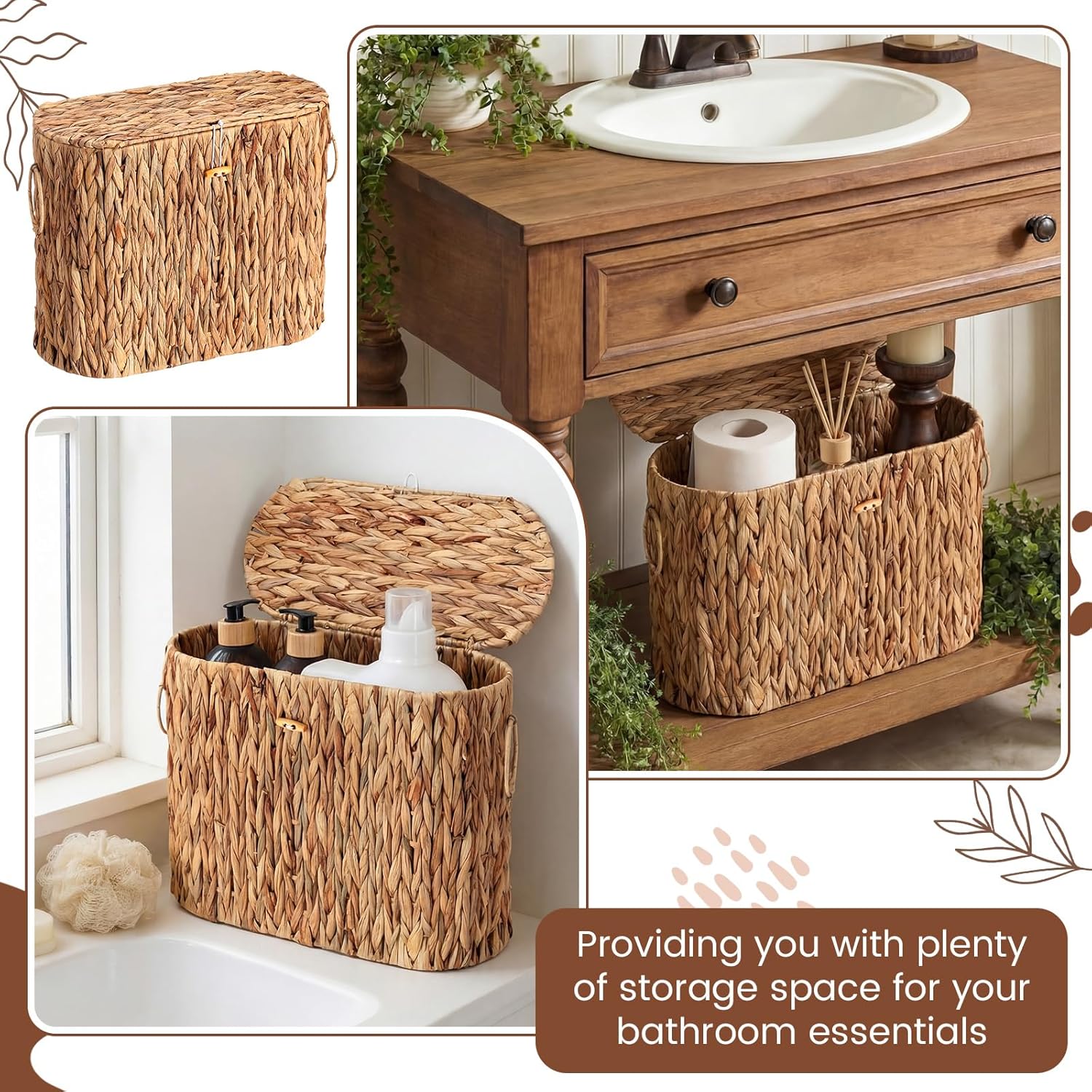 Large Wicker Toilet Paper Storage Basket with Lid Slim Woven Toilet Paper Storage Holder for Bathroom Holder up to 9-12 Mega Rolls Water Hyacinth Rattan Organizer for Kitchen Home Decor