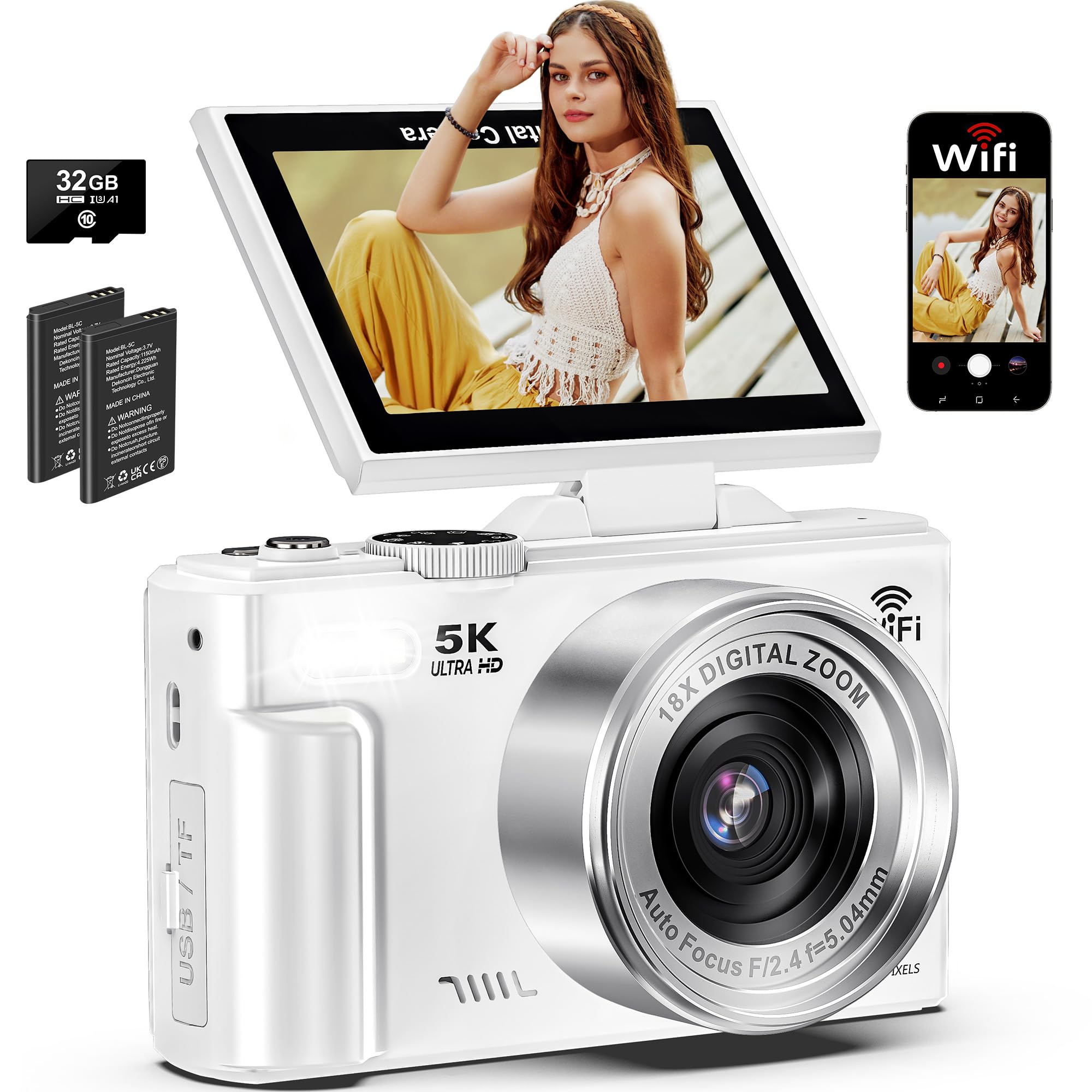 5K digitale camera, met wifi-overdracht, 75MP Autofocus YouTube Vlog