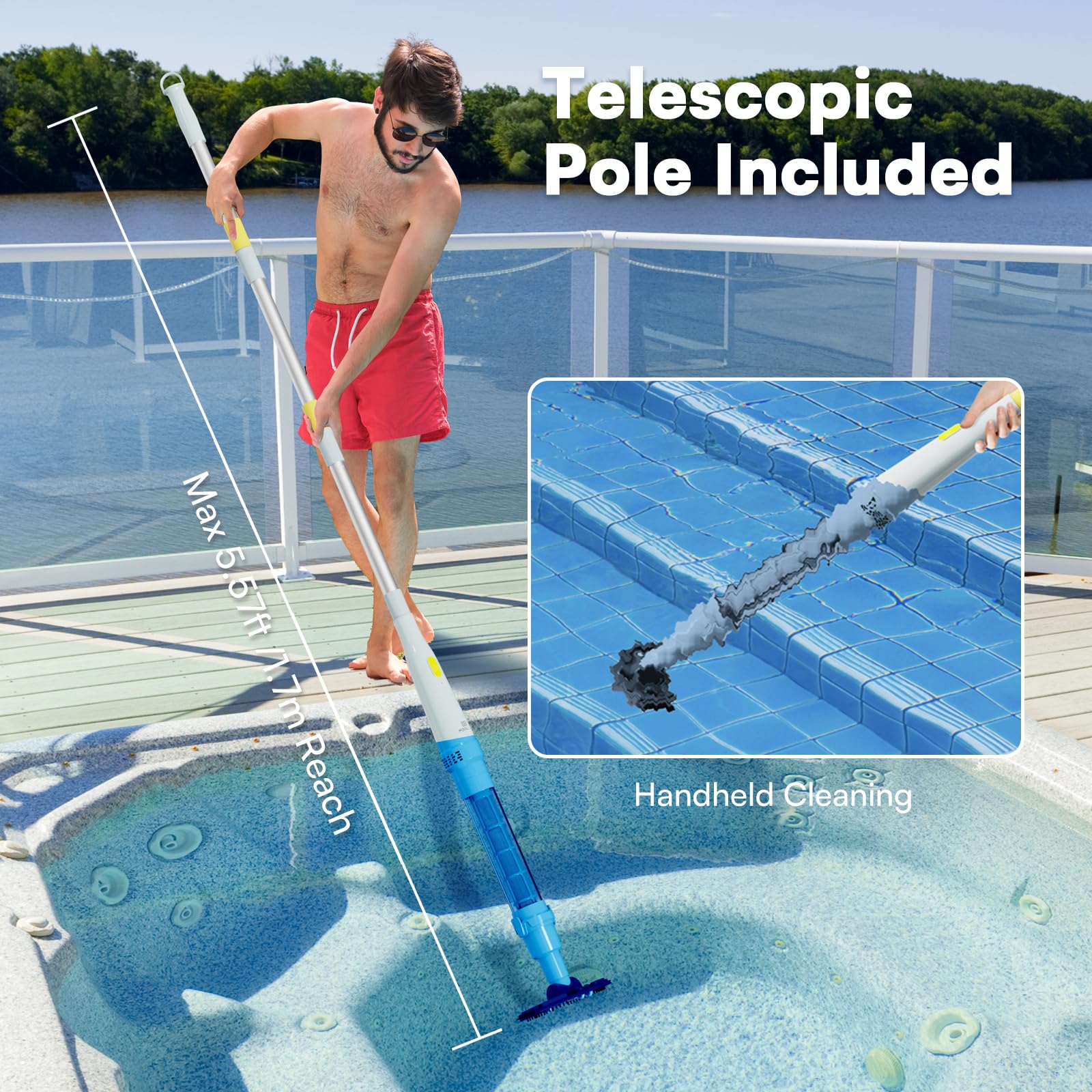 PoolMr Aspiradora de piscina de mano inalámbrica, limpiador de piscina recargable con succión de 18.5 galones/min, tiempo de funcionamiento de 60 minutos, sistema de limpieza de doble fase, ideal para