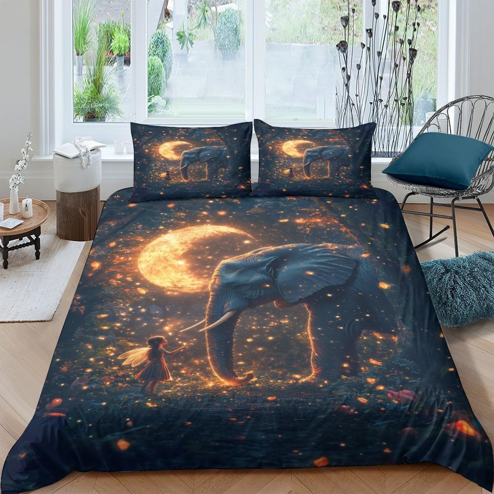 Ctjqhvkz Style-2 3D Printed Moon Elephant Fitted Sheet Microfiber Soft Breathable Starry Night Bed Cover For Bedroom Dorm Mattress Decor Single（135X200cm）