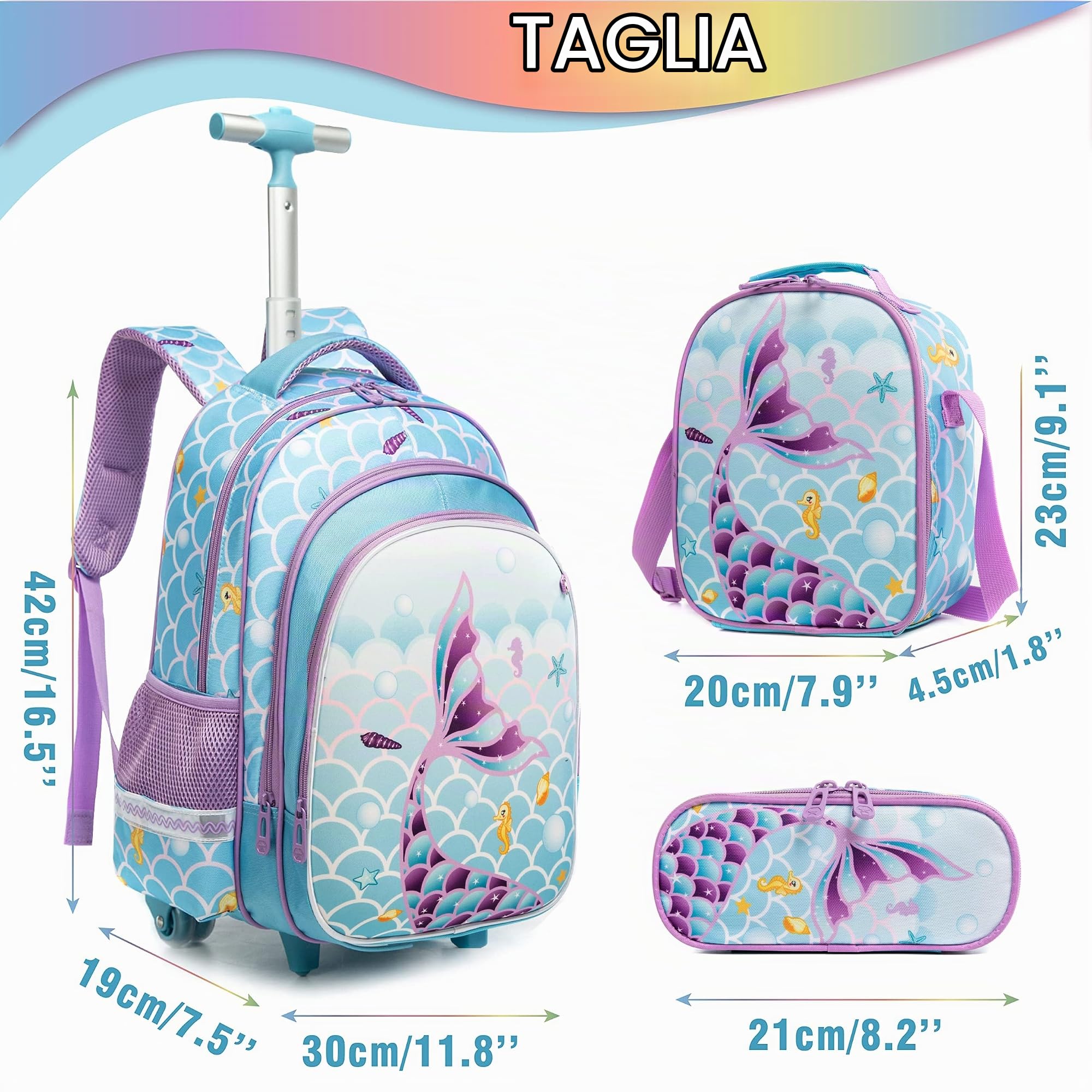 HTgroce Zaino per bambini con rotelle, zaino per la scuola per ragazze, università, studenti, viaggi, viaggi, scuola, bambini, zaino con ruote, bagaglio per laptop, con portapranzo, astuccio per