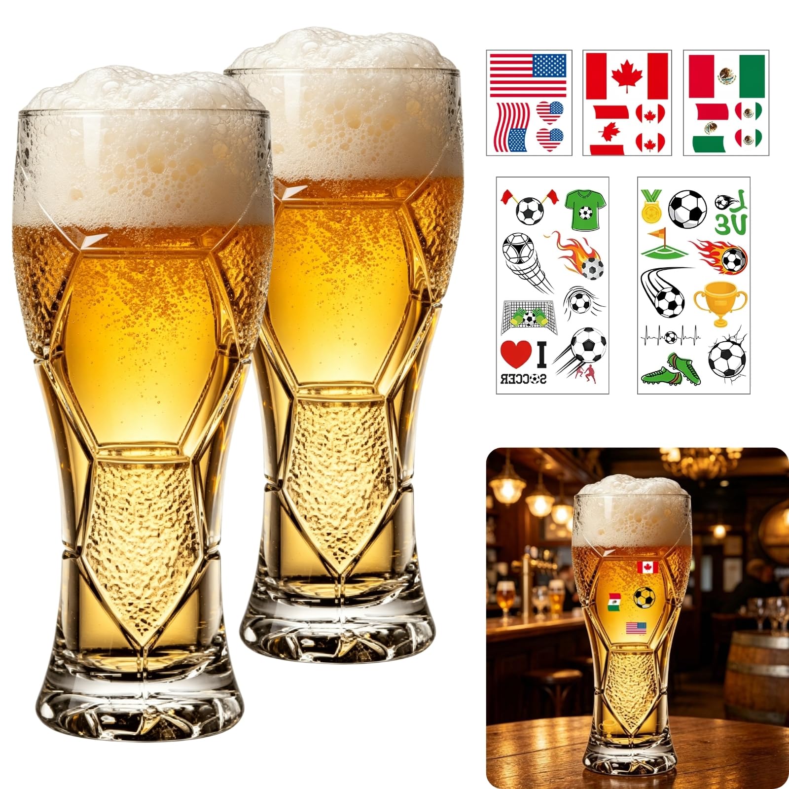 Soccer Shape Beer Glasses Set of 2,16oz Creative Beer Glass for World Cup 2026 Match Day Parties, Ideal Gifts for Fathers and Partners