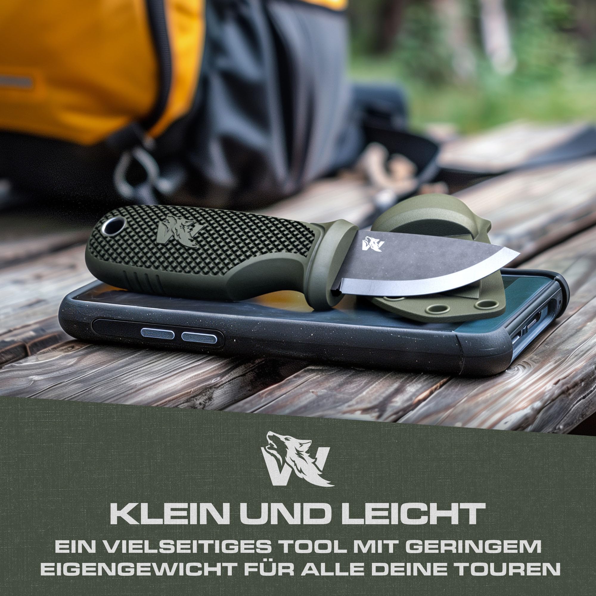 Odenwolf W-Mini 2 Neck Messer aus D2-Stahl - Feststehend mit Holster und Feuerstein - Outdoor, klein und handlich - Halskette