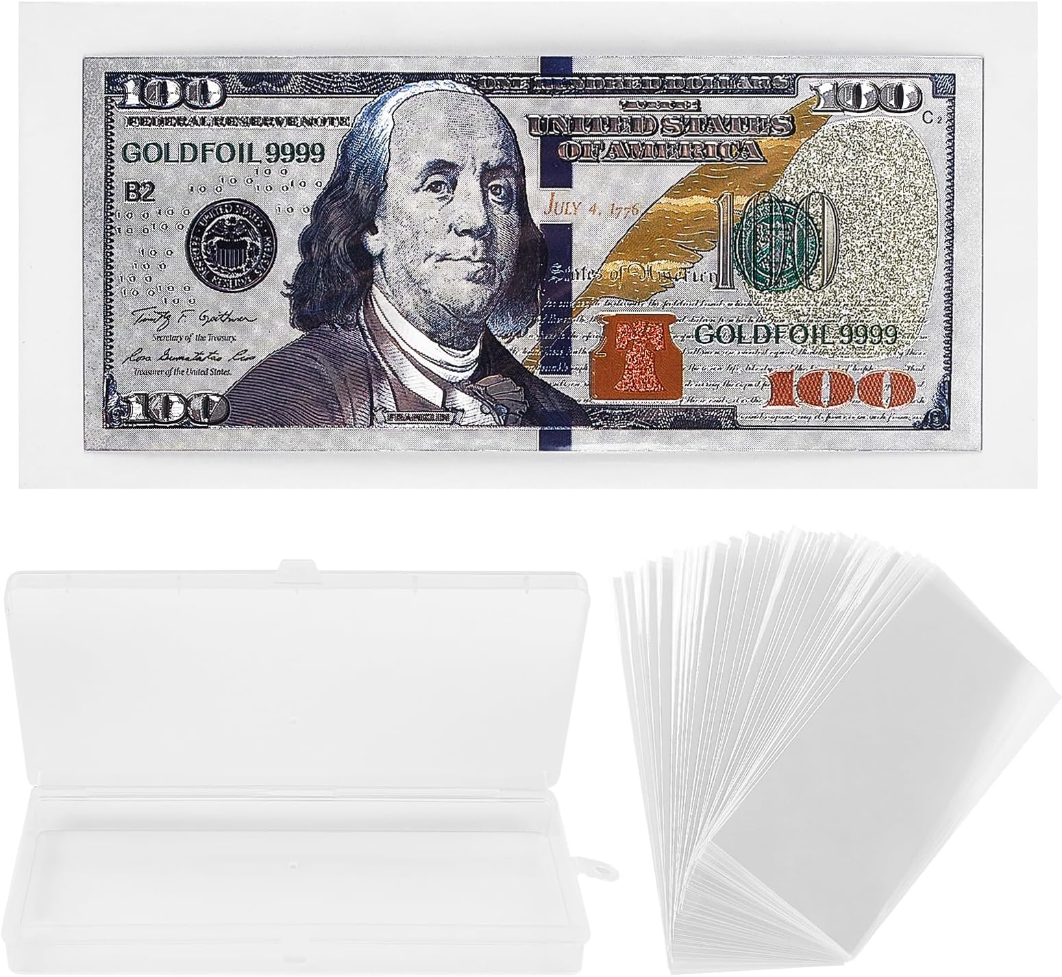 100 Pack Dollar Bill Holder with Storage Case, Clear Paper Money Currency Collection Sleeves Transparent Protector Bag for Banknotes, Tickets, Stamp Collecting Supplies
