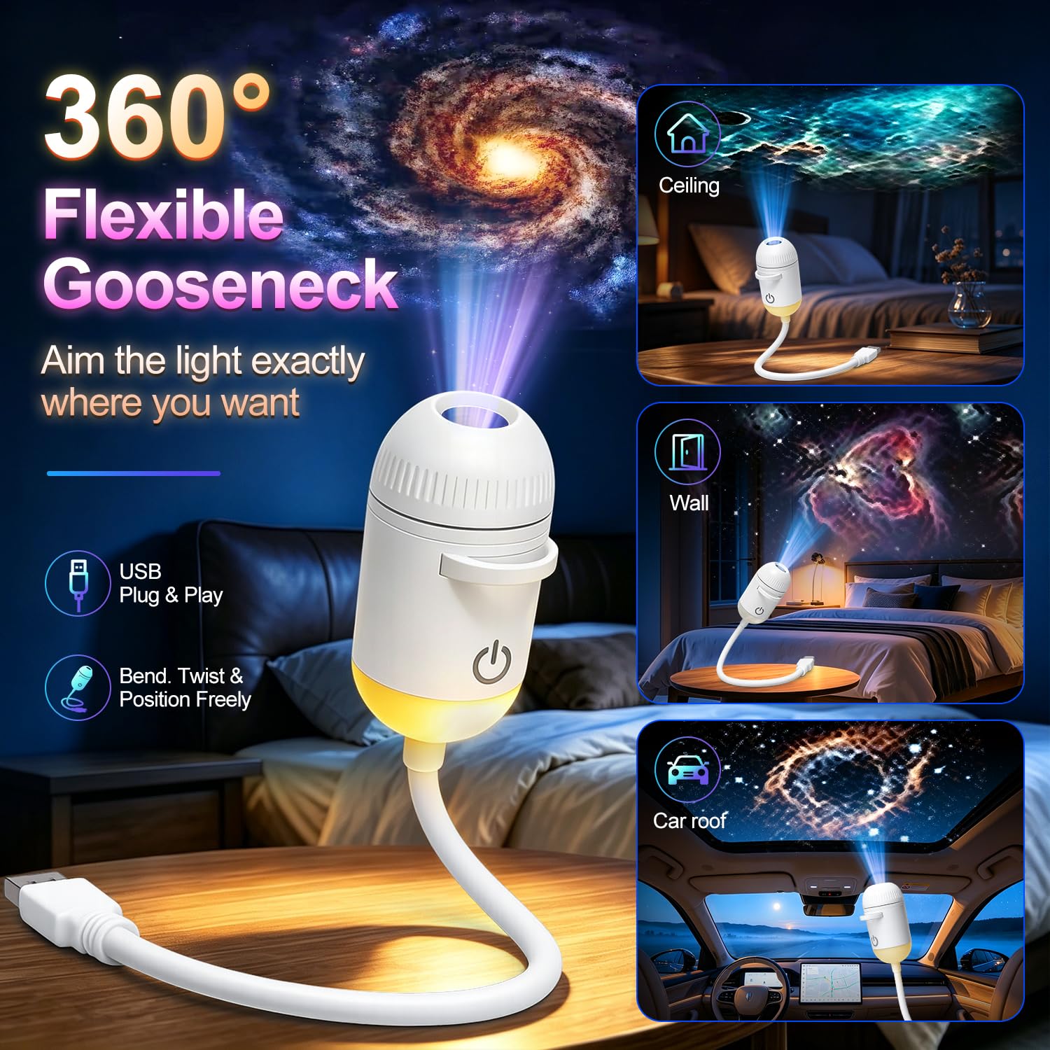 Veilleuse projecteur galaxie 2 en 1 USB pour chambre d'enfant | Luminosité réglable, décoration murale de voiture et de chambre – 24 films