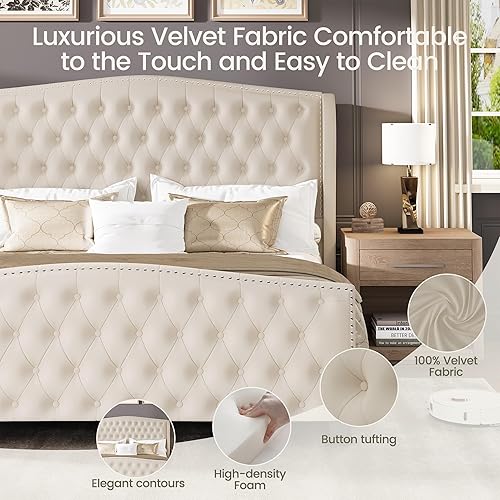 Miniatura 5 de LARMACE Marco de Cama Tamaño King de Plataforma Tapizada en Terciopelo con Cabecera Wingback y Pie de Cama, Marco de Cama con Capitoné de Botones
