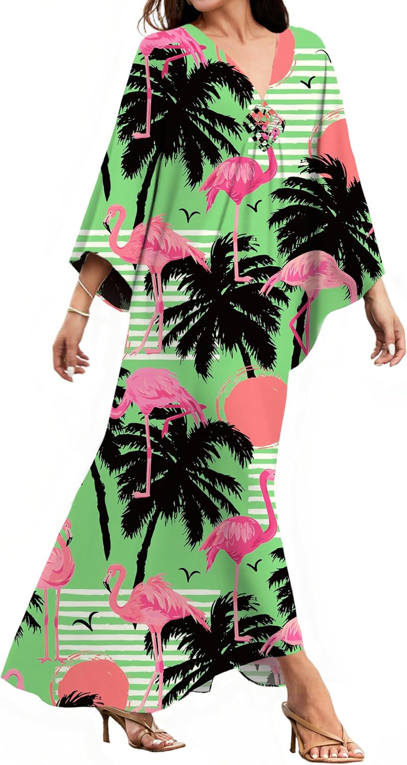 MAKABO Kaftan for Women Dress V Neck Short Sleeve Beach Vacation Bikini Swimsuit Cover Ups Loungewear for Summer Green Flamingo