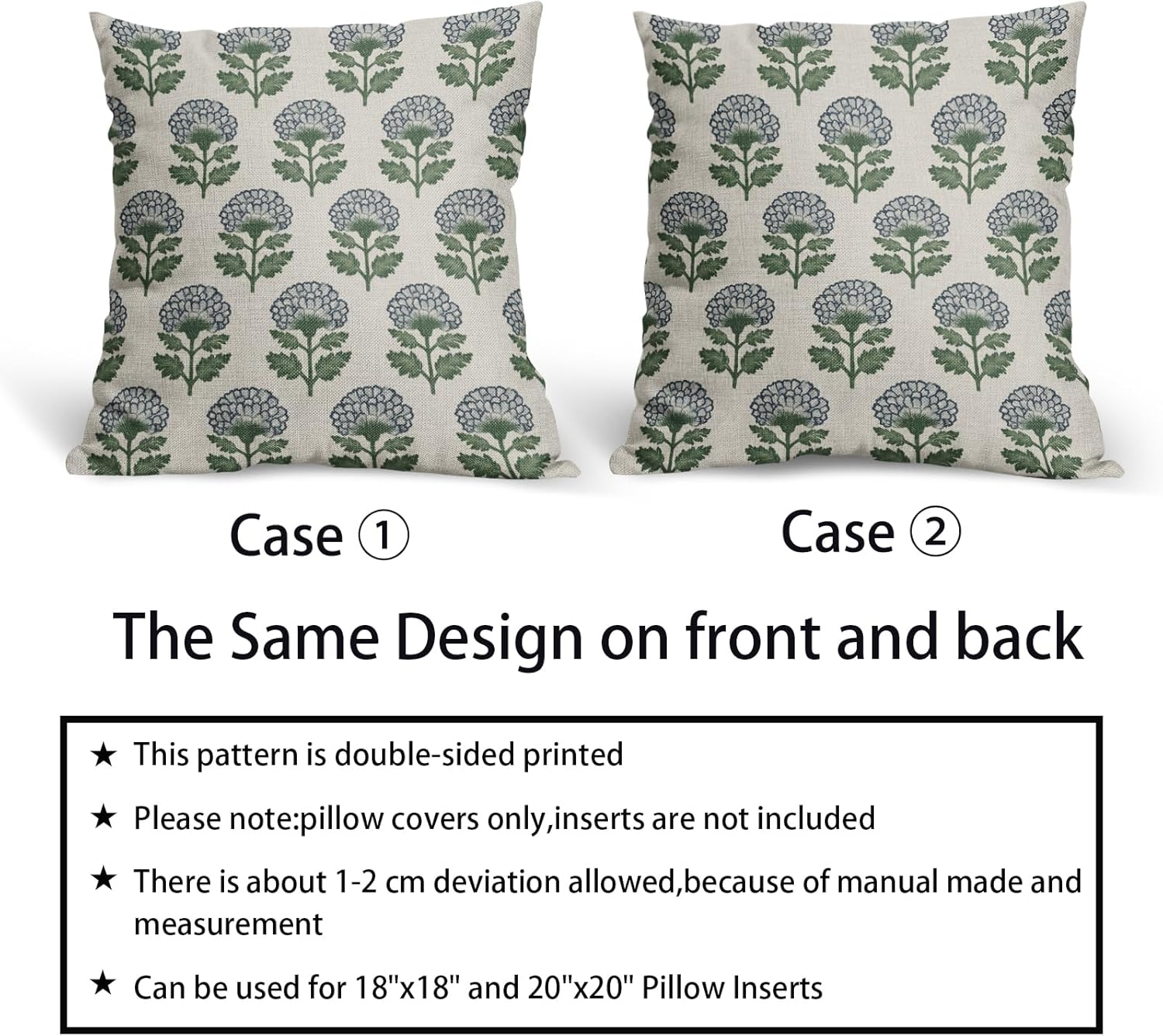 Blue Green Floral Block Print Pillow Covers 24x24 Set of 2 Flower Pattern Cream Spring Summer Decorative Throw Pillowcases Outdoor Rustic Farmhouse Cushion Cases Decor for Home Couch Sofa Bed