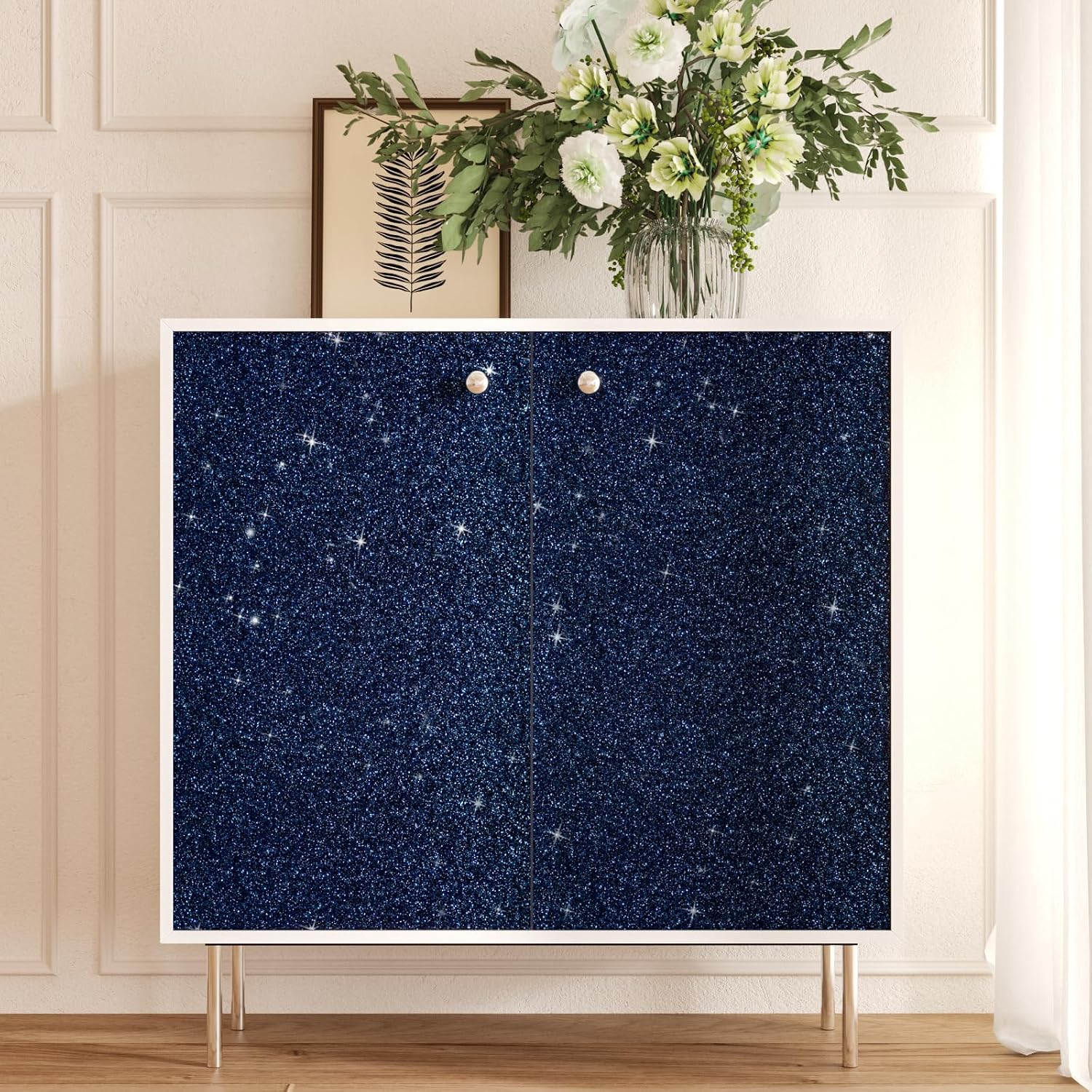15.7"x472" Black Blue Glitter Wallpaper Stick and Peel Navy Glitter Contact Paper for Cabinets Decorative Sparkle Wall Paper Self Adhesive Removable Dark Blue Wallpaper for Bedroom Dressers