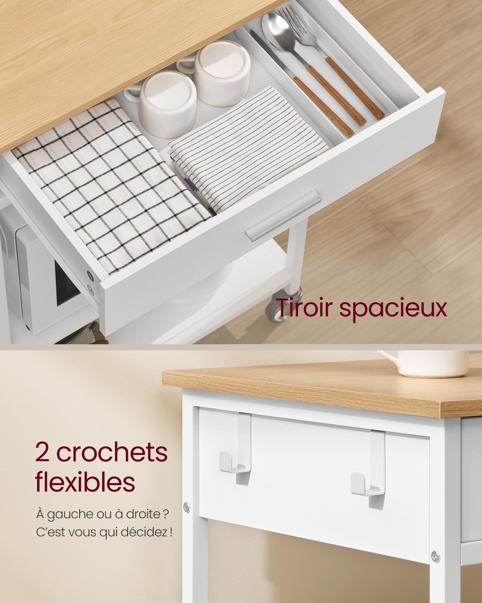 VASAGLE Desserte de Cuisine à roulettes, Îlot de Cuisine Mobile, 45 x 60 x 90 cm, avec Tiroir, 2 Crochets, pour Salle à Manger, Beige Chêne et Blanc Mat KKI007Y01