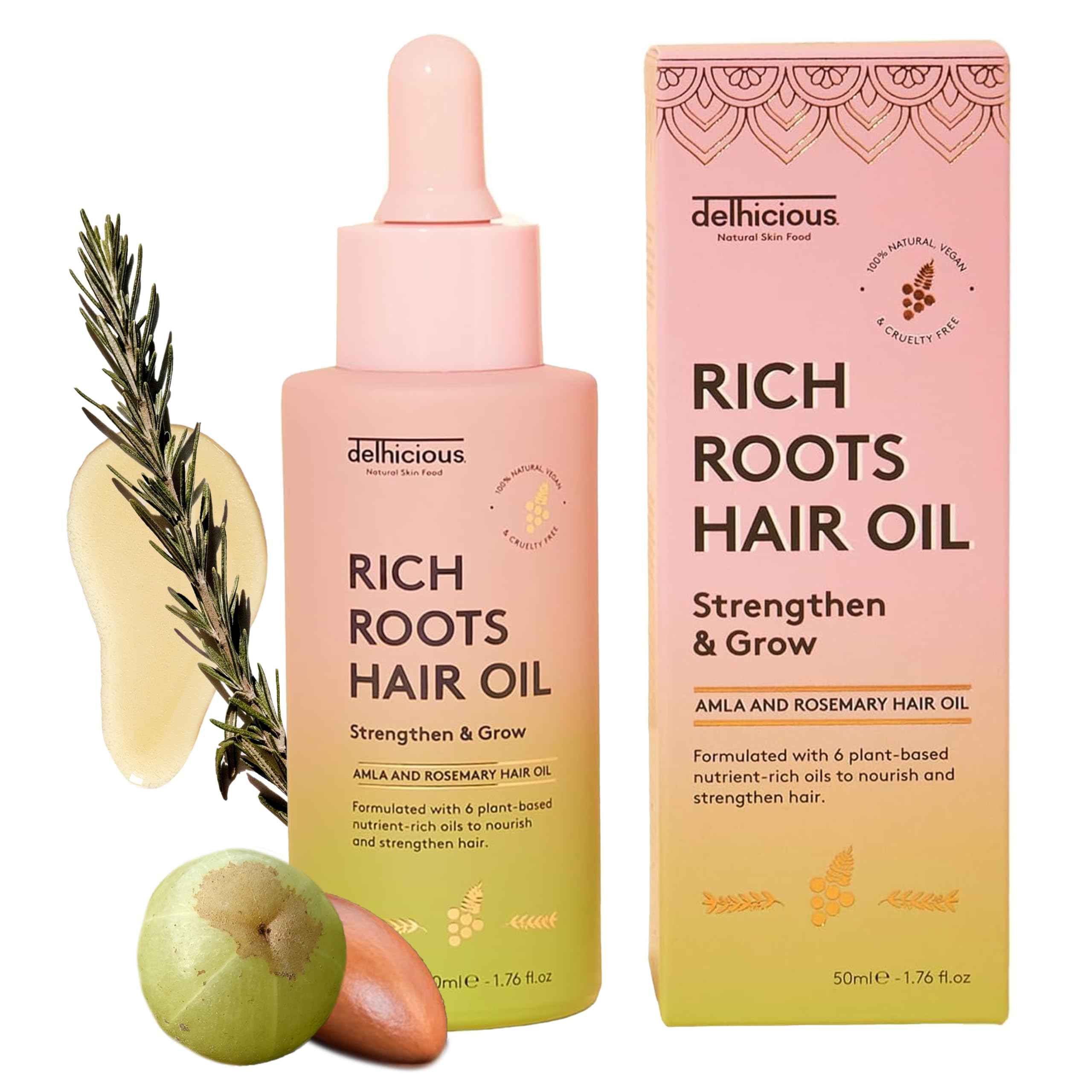 Delhicious Amla Hair Oil & Rosemary Oil for Hair Growth - Rich Roots Hair Loss Treatment for Thinning Hair - Dry Scalp Treatment with Argan Oil - Ayurveda Scalp Oil - Vegan, Sulphate Free - 50ml