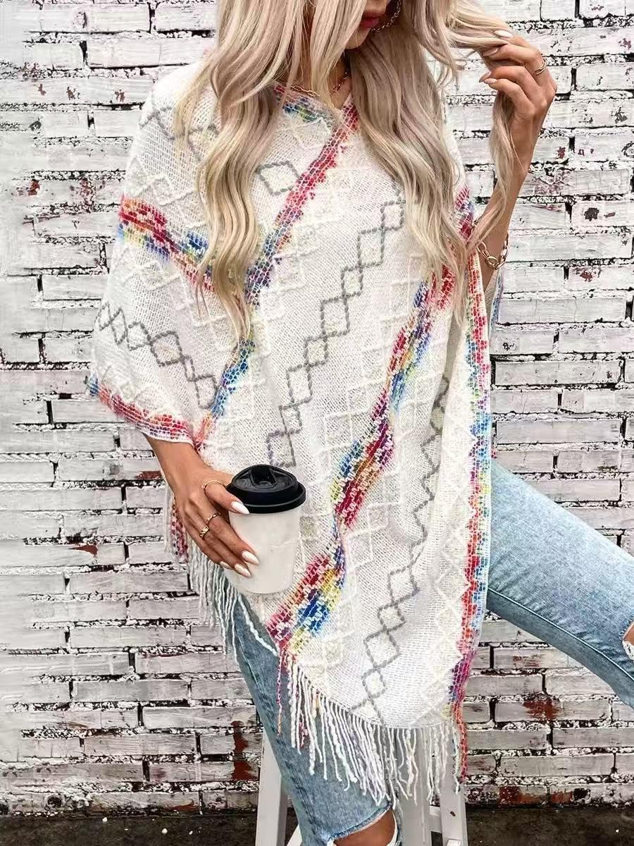 Women's Fringe Poncho Sweater Boho Shawl Cape Tassel Lightweight Shawl Wraps Oversized Knitted Pullover Top - Image 4