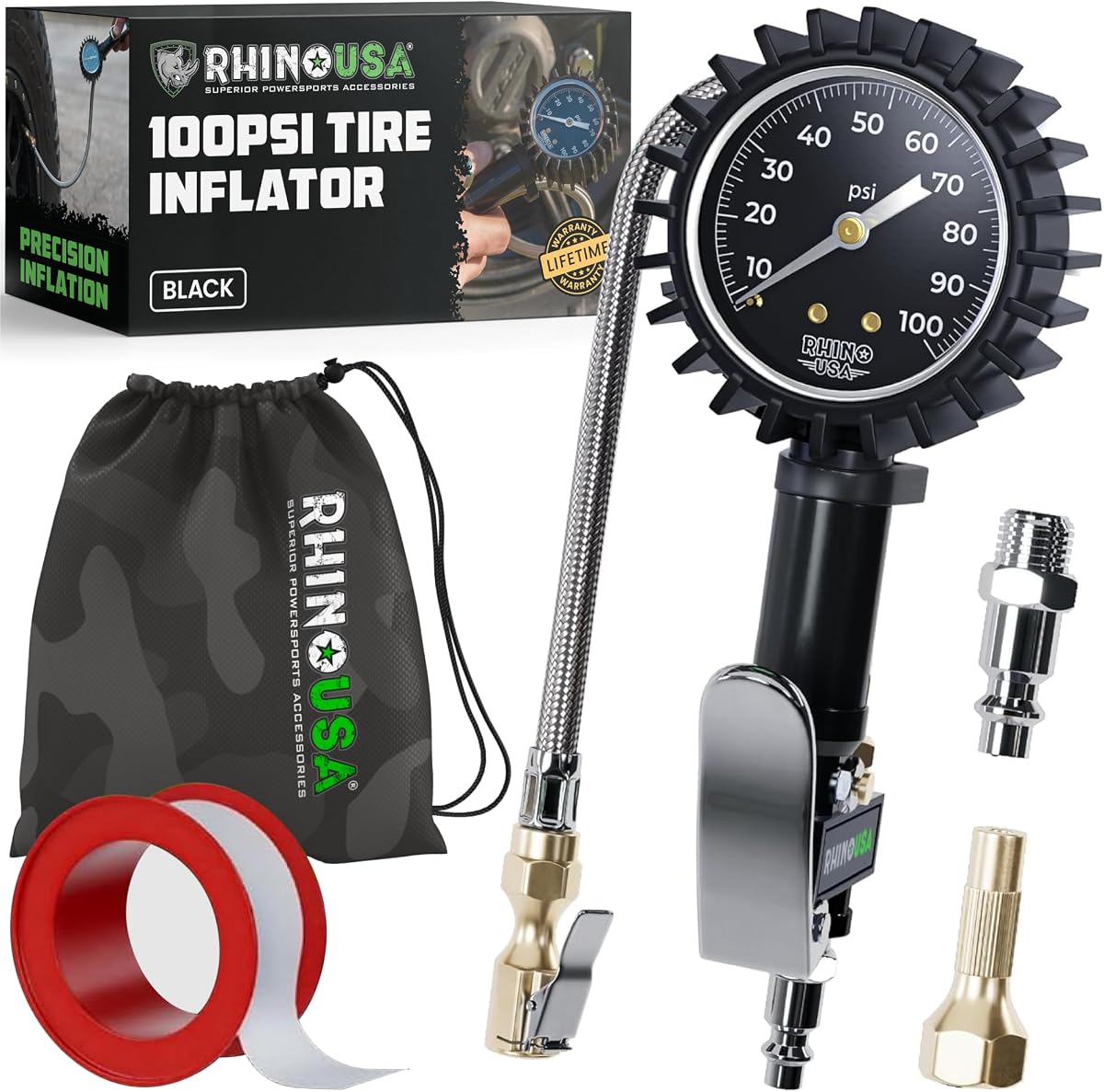 Medidor de presión de neumáticos con inflador (0-100 PSI) - Manguera trenzada | Accesorios para compresores y portabrocas de aire de servicio pesado. Manguera trenzada de acero inoxidable, esfera analógica grande, herrajes de latón macizo.