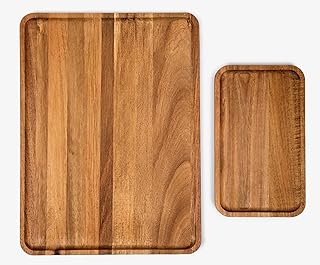 Maple Mill - Acacia Rectangle Wooden Tray - 2 Sizes 16" X 12" and 10" X 6" - Food Safe Serving Tray - Large & Small Wooden Trays Combination - Durable Wood Display Tray for Coffee Party or Home Decor
