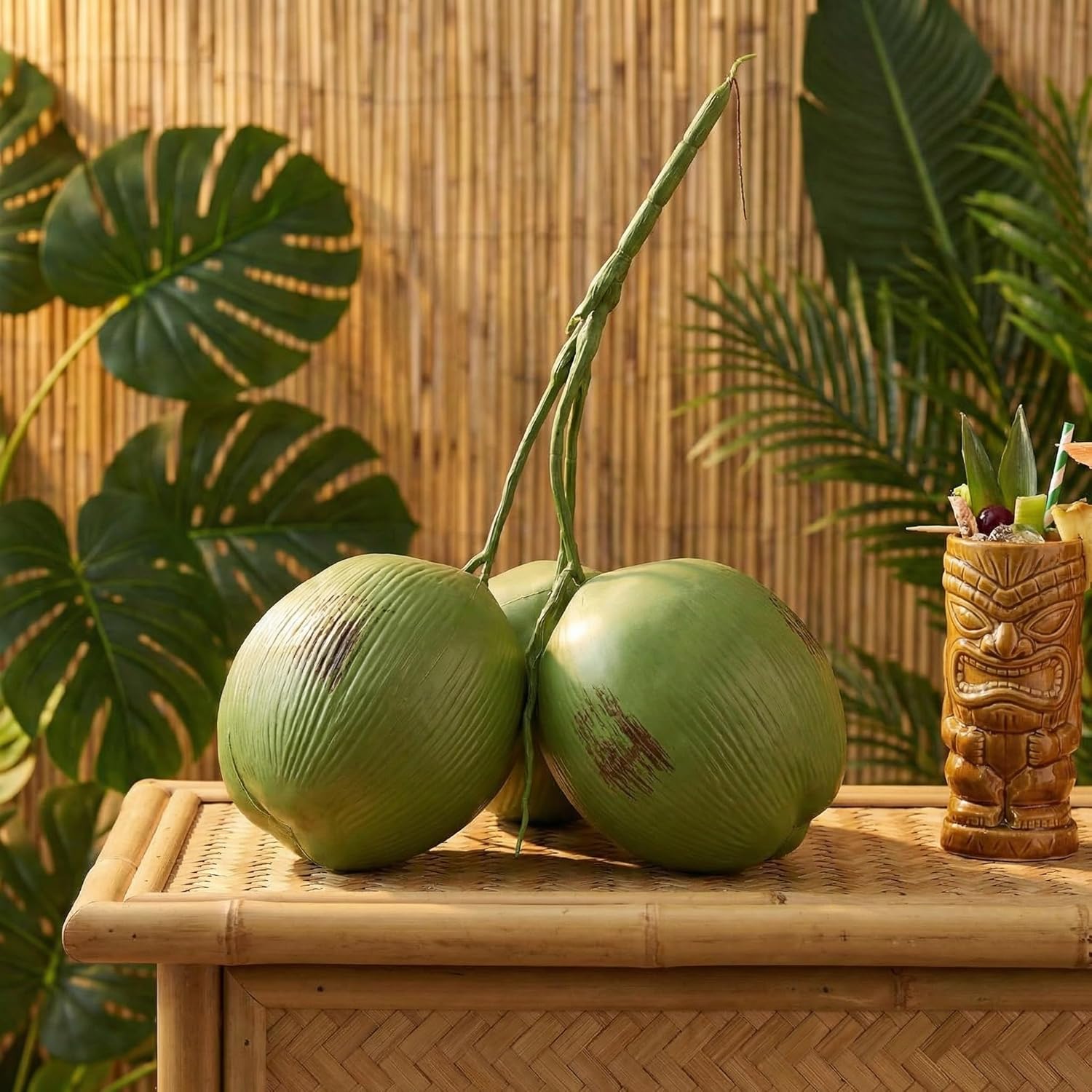 Angoily Fake Coconut, 1 Bunch 13" Bunch Artificial Fruit Props for Tropical Party Decor, Realistic Green Plastic Luau Table Ornament for Home Kitchen Farmhouse, Hanging Photo Prop Display