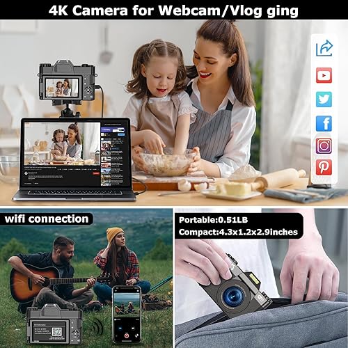 Miniatura 5 de VISREFUR Cámara de vlogging 4K para YouTube Cámara digital para fotografía 48MP 16X Zoom digital 3 pulgadas 180 pantalla abatible con WiFi 2.047 in