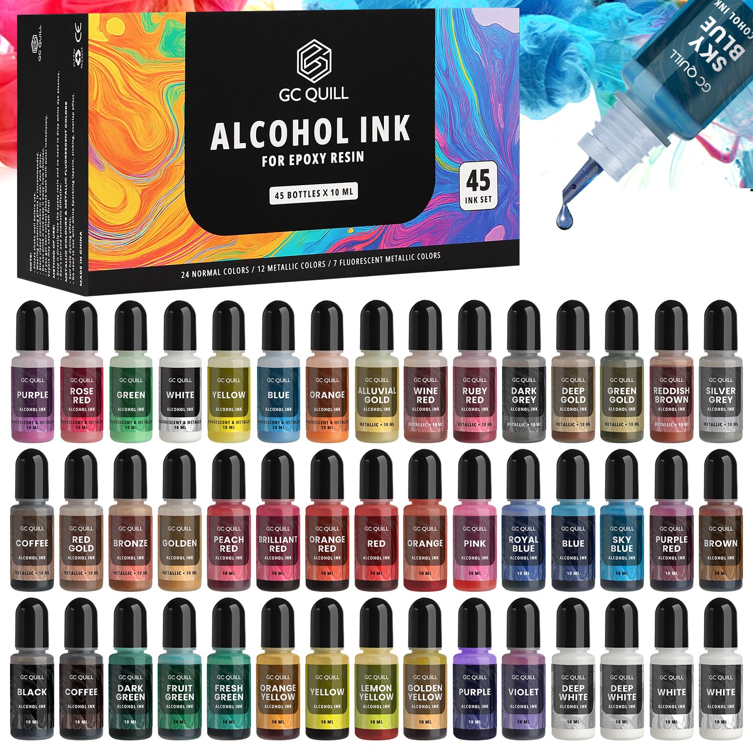 Vernice per Resina Epossidica - 43 Colori Vivaci (12 Metallizzati, 7 Fluorescenti, 24 Normali) - 45 flaconi di Pigmenti Liquidi per epoxy Resin, Gesso GC-AK45