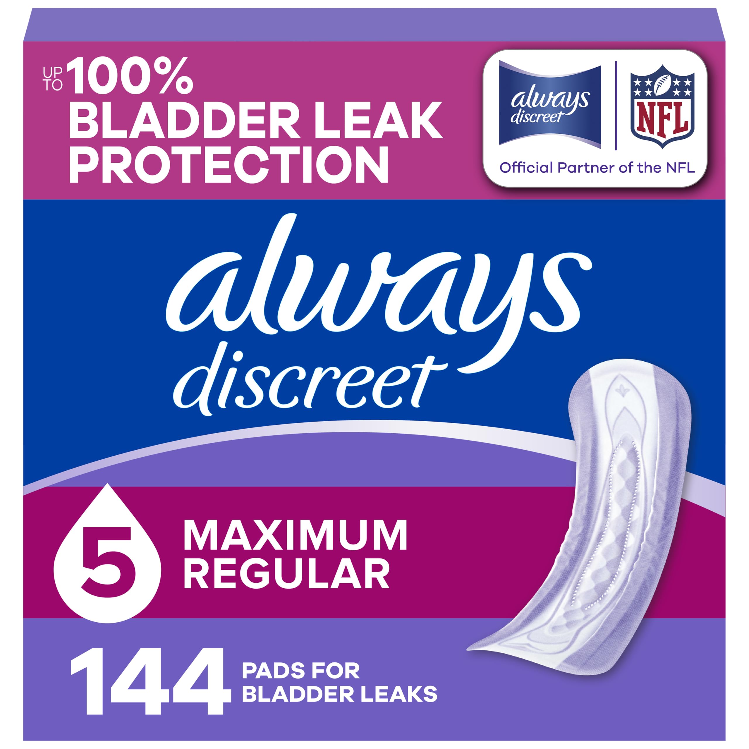 Always Discreet Adult Incontinence Pads for Women, Maximum Absorbency, Regular Length, Postpartum Pads, Up to 100% Bladder Leak Protection, 144 Count