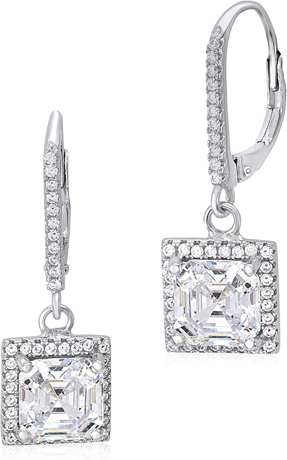 MASSETE Sterling Silver 925 Simulated Diamond Square Asscher Cut Halo Leverback Earrings Dangle