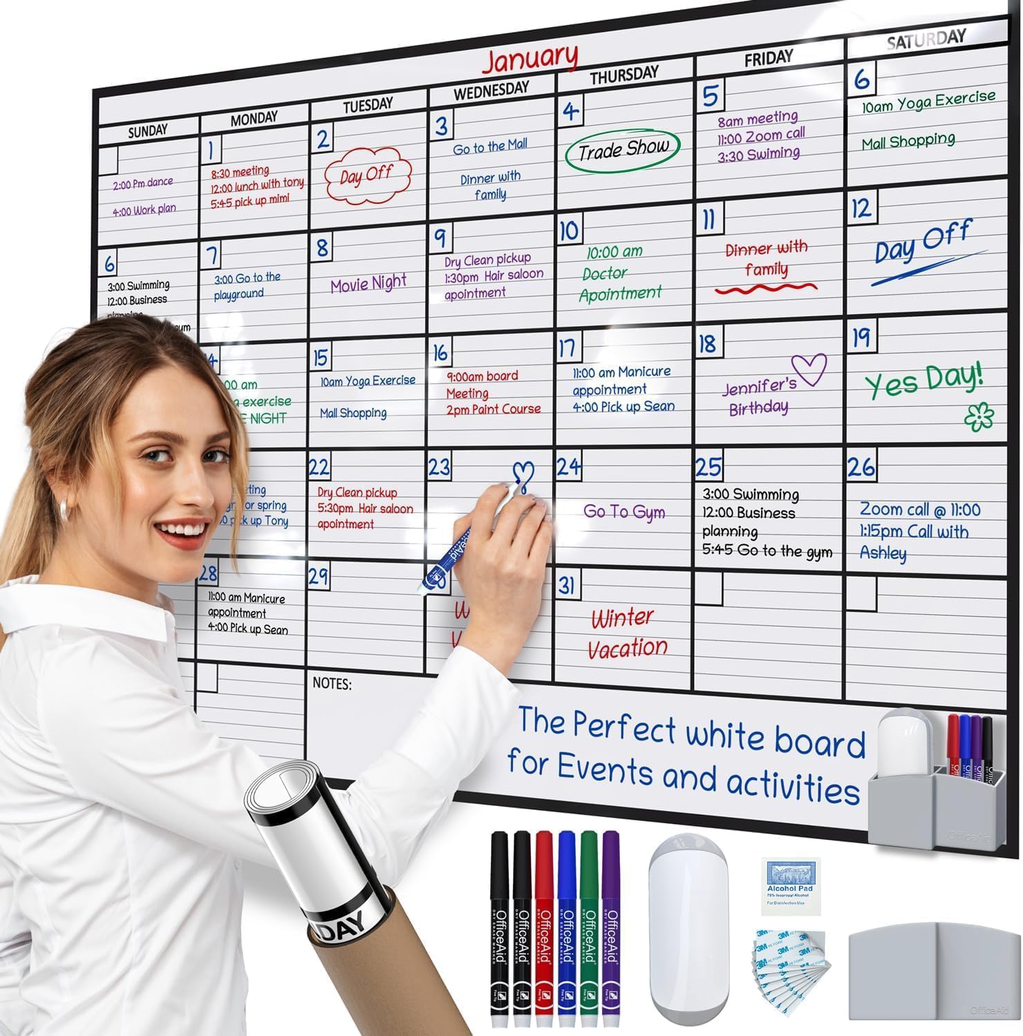 Large Dry Erase Calendar for Wall 36x48, Big Classroom Giant Month, Undated Reusable Family Monthly, Rolled Whiteboard White Board, Calendar Dry Erase Planner for Wall Erasable Large Office 48x36