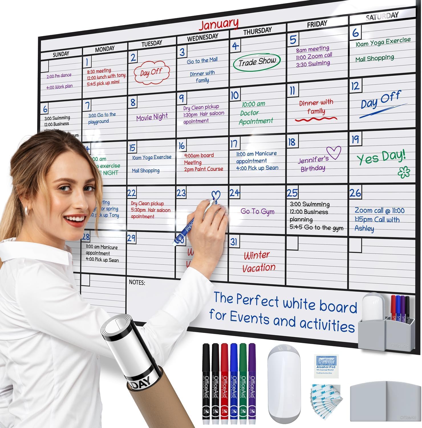 Large Dry Erase Calendar for Wall, 36x48, Large Wall Calendar Dry Erase, Big White Board for Office, Home & School, Giant Erasable Whiteboard, Jumbo