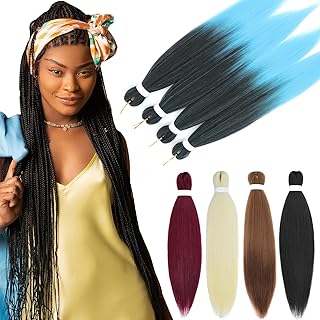 PARXITN Extensiones de pelo trenzado, de color negro a azul, largo de 66 cm, 4 unidades de Yaki Easy Trenzas sintéticas para ganchillo