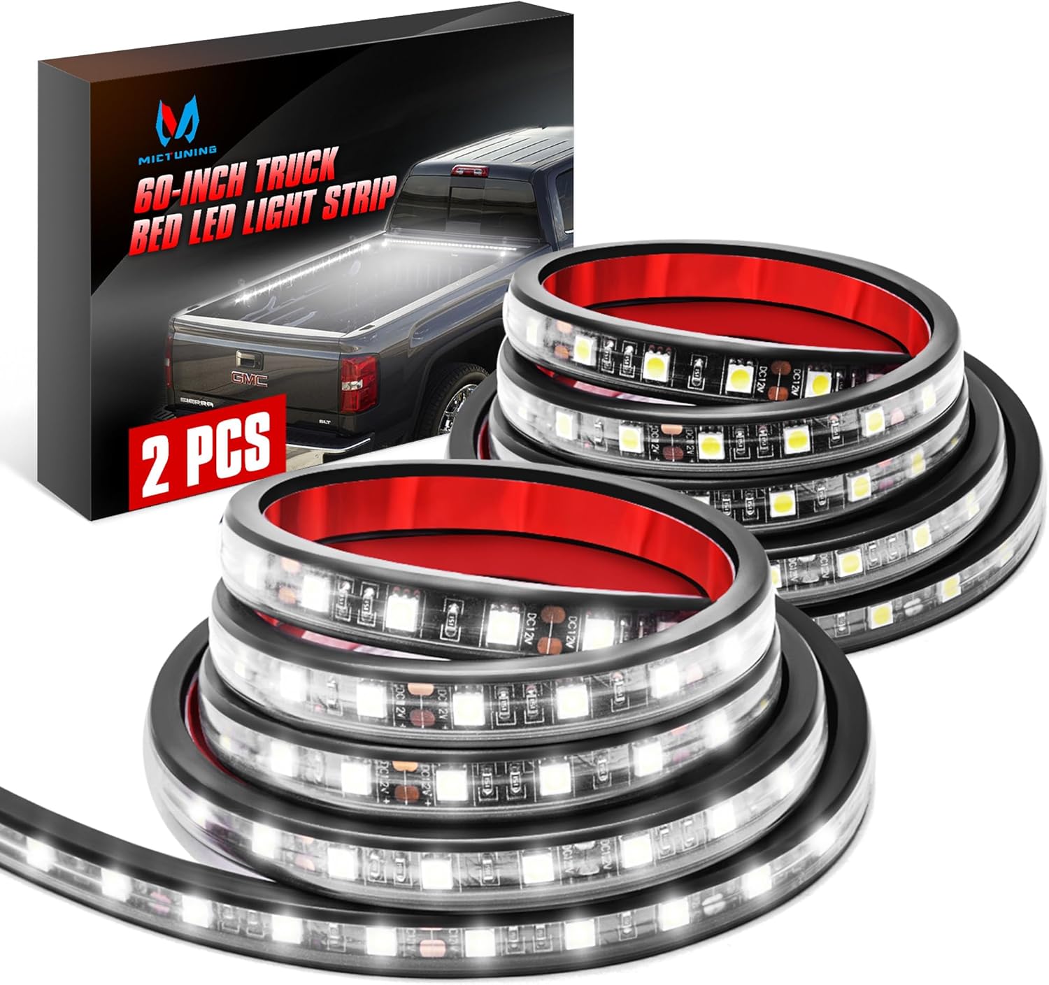 MICTUNING 2Pcs 60 Inch White LED Cargo Truck Bed Light Strip Lamp Waterproof Lighting Kit with On-Off Switch Fuse 2-Way Splitter Cable Compatible with Pickup RV SUV and More