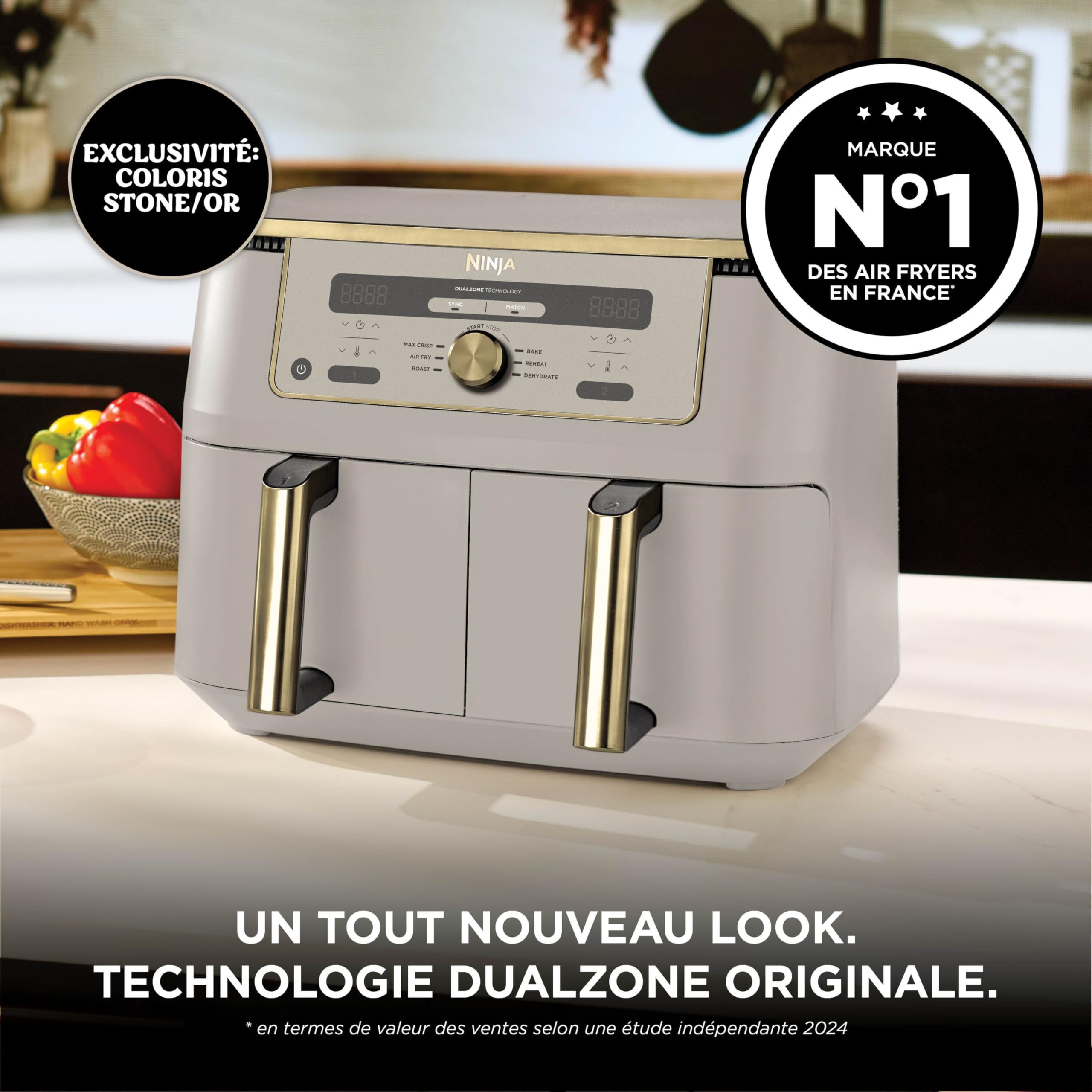 Ninja Air Fryer Dual Zone MAX numérique, Friteuse à air chaud grande capacité, 9,5 L, Sans huile, Air Fry, Croustillant max, Cuire au four, Rôtir, Déshydrater, Réchauffer, Stone/or, DZ400EUSTGD
