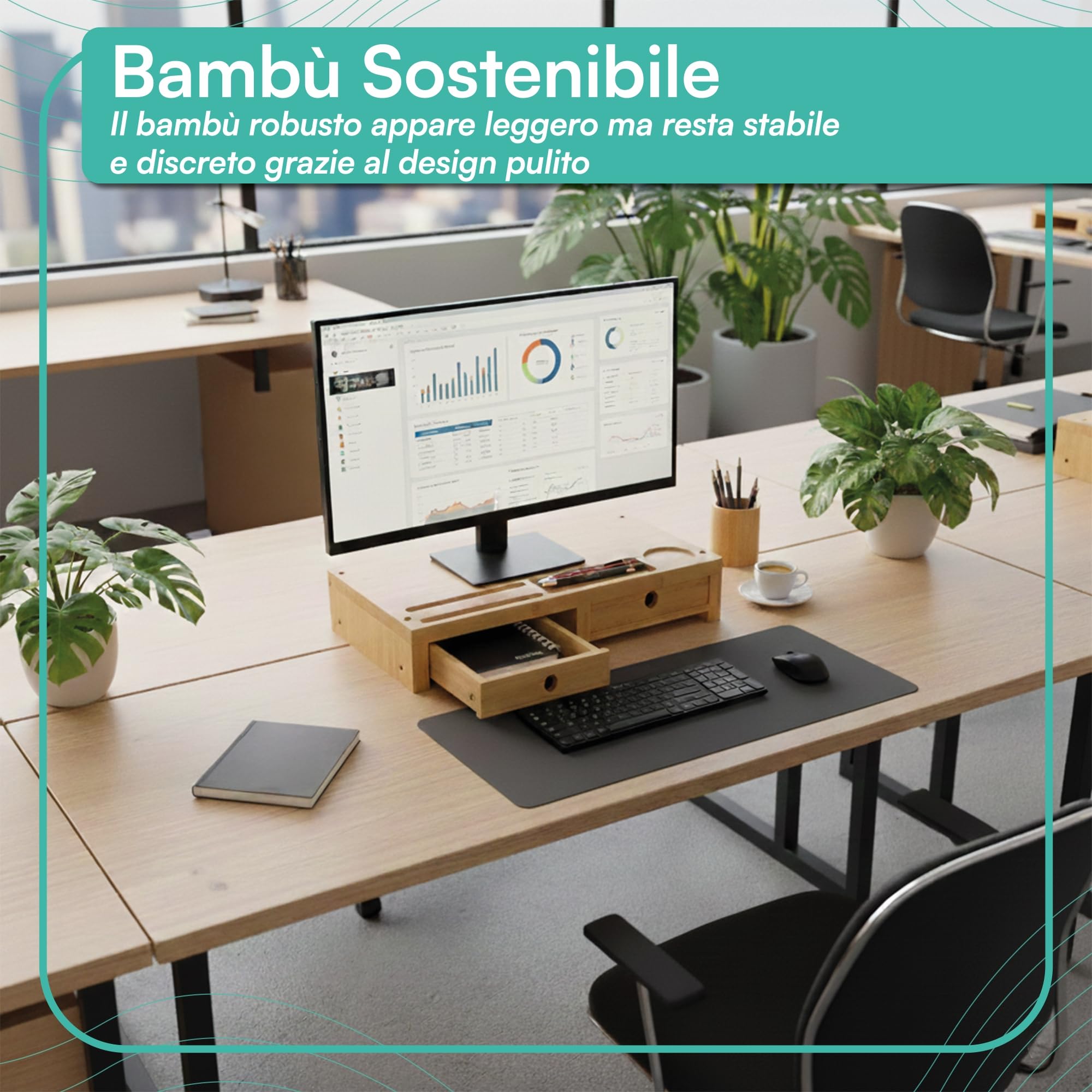 pixly® Supporto per Monitor con Cassetti 42x24x10,5 cm Sollevamento Ergonomico in Legno con Spazio di Archiviazione Organizer da Scrivania in Bambù Sostenibile per Monitor e Computer