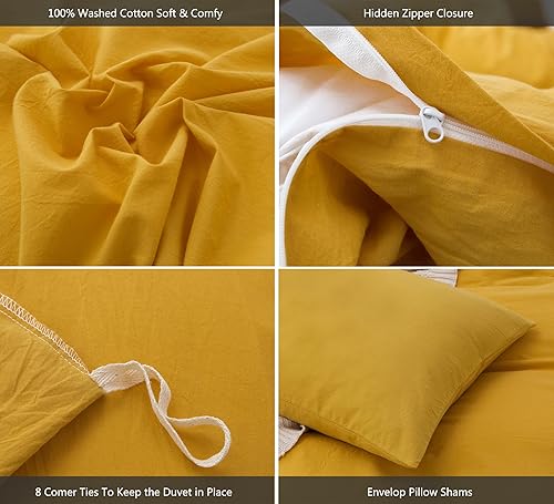 Miniatura 6 de MooMee  Juego de funda de edredón 100% algodón lavado con textura parecida al lino transpirable duradero suave cómodo (amarillo, Queen)