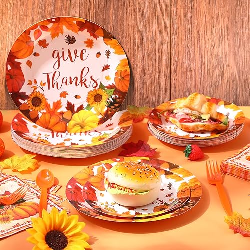 Miniatura 7 de Juego de 180 platos y servilletas de papel de Acción de Gracias desechables para 30 invitados, platos de papel, servilletas, tenedores de plástico,