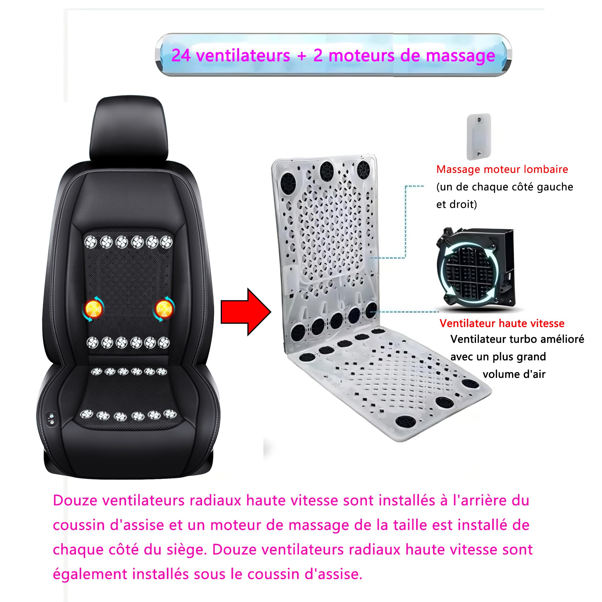 Coussins de Siège Auto de Voiture Ventilés 12-24V Housses de Siège Rafraîchissantes avec Massage Ajustement Universel Housse de Protection de Siège avant Refroidie 1 Pièces (24 Ventilateurs Noir)