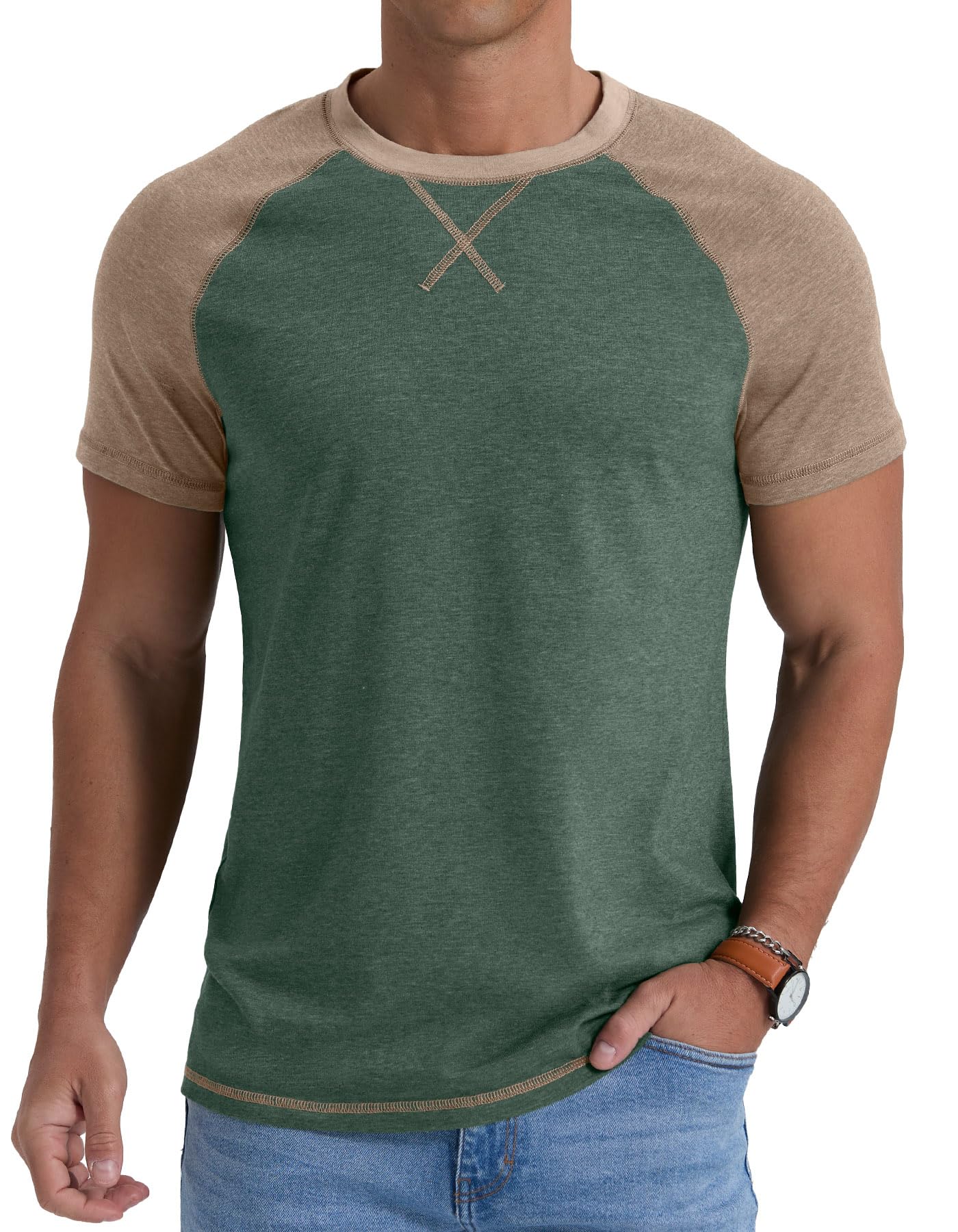 QIXING Herren T-Shirt aus Baumwolle Kurzarm Rundhals Sommer T Shirt Leicht Regular Fit Atmungsaktiv Casual Oberteile(B03 VG Grün, L)