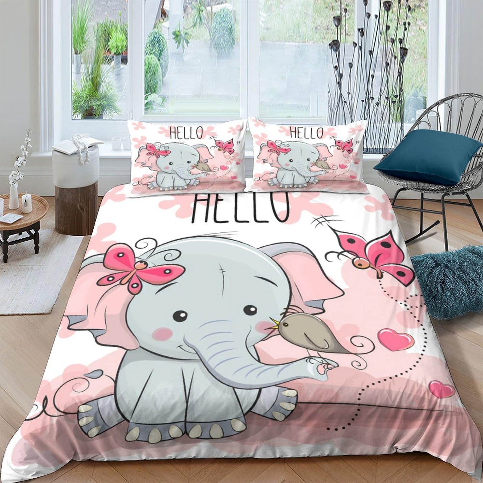 GPLZQXKJNH 3D Printed Cute Elephant Duvet Cover Set Microfiber Pink Cartoon Butterfly Quilt Cover with 2 Pillowcases for Bedroom Decor Single（135x200cm）
