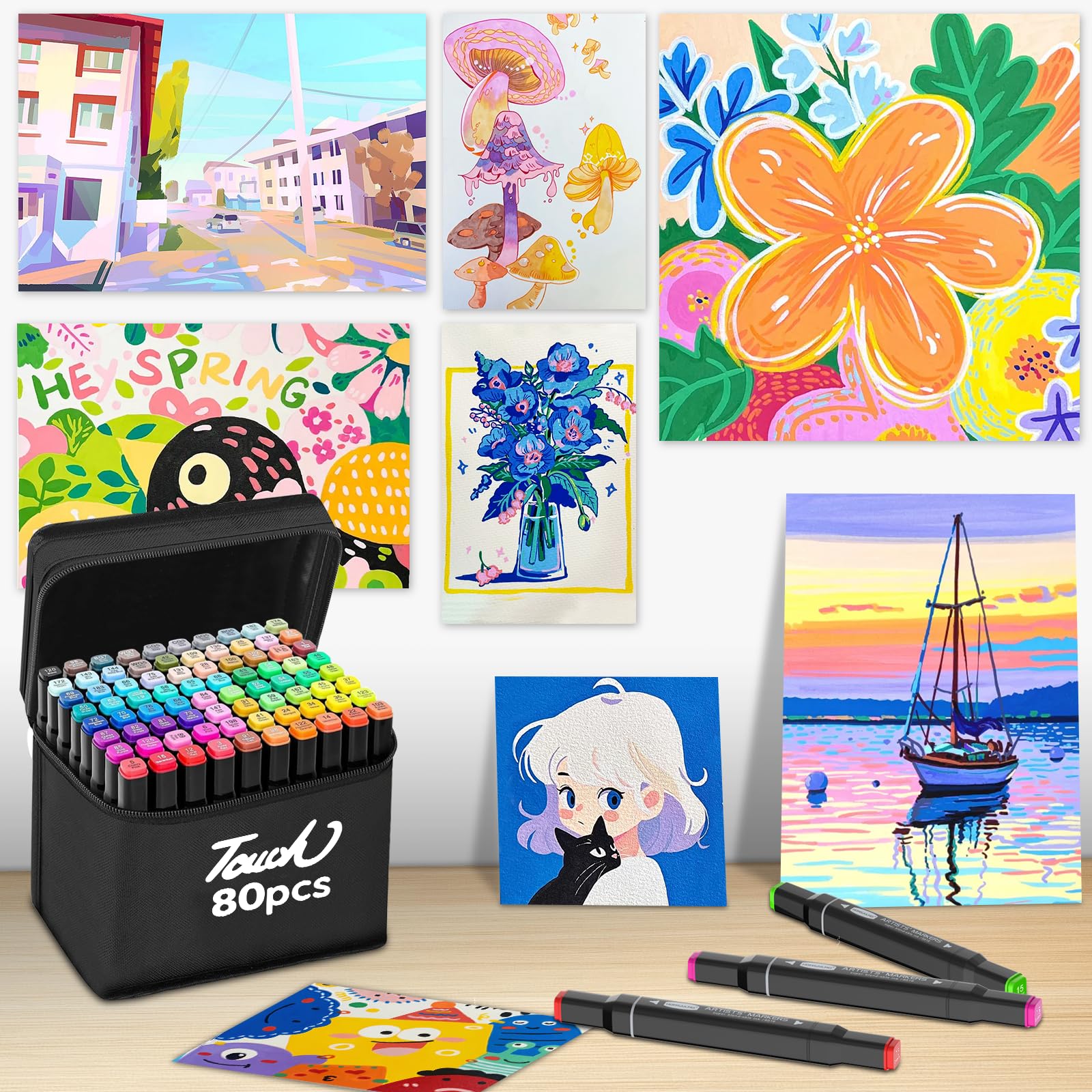 HOM Art Mark Stift, 80 Farben auf Alkoholbasis, dicke und dünne Stiftspitzen, Permanentmarkierungsstift-Set, mit Stiftetui, geeignet für Studenten, Künstler zum Ausmalen, Zeichnen