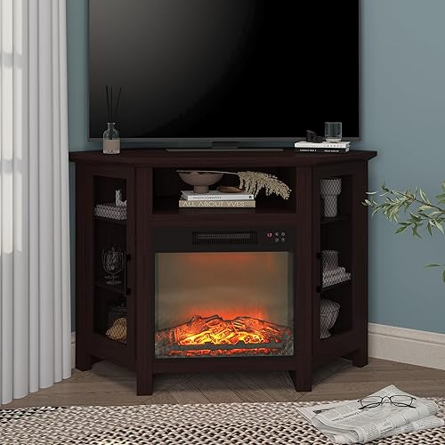 Miniatura 6 de Juego de soporte de TV con chimenea de 70 pulgadas, centro de entretenimiento con insertos de chimenea eléctrica, calentador con gabinetes,