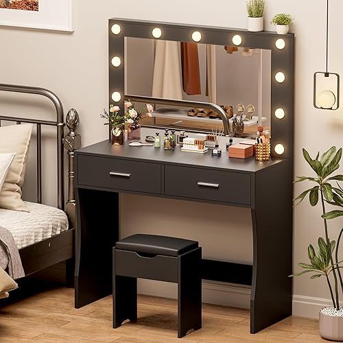 YESHOMY Escritorio de tocador con espejo, toma de corriente y 10 luces, mesa de maquillaje con 2 cajones, 3 modos de color disponibles para