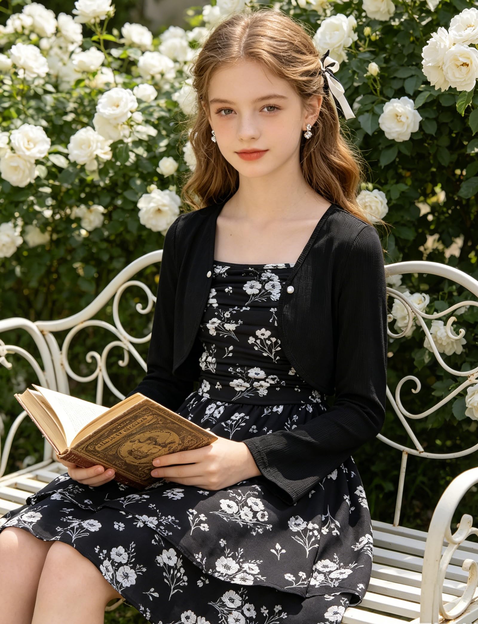 Mädchenkleid, mehrlagig, gerüscht, für 7–16 Jahre, verstellbarer Riemen, Outfit mit Strickjacke