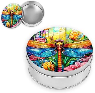 Decorative Round Metal Tin Box, Dragonfly in Stained Glass Style Small Storage Container with Lid for Jewelry, Candy, Crafts & Travel, 3.54"x1.38" Aesthetic Keepsake Gift Box