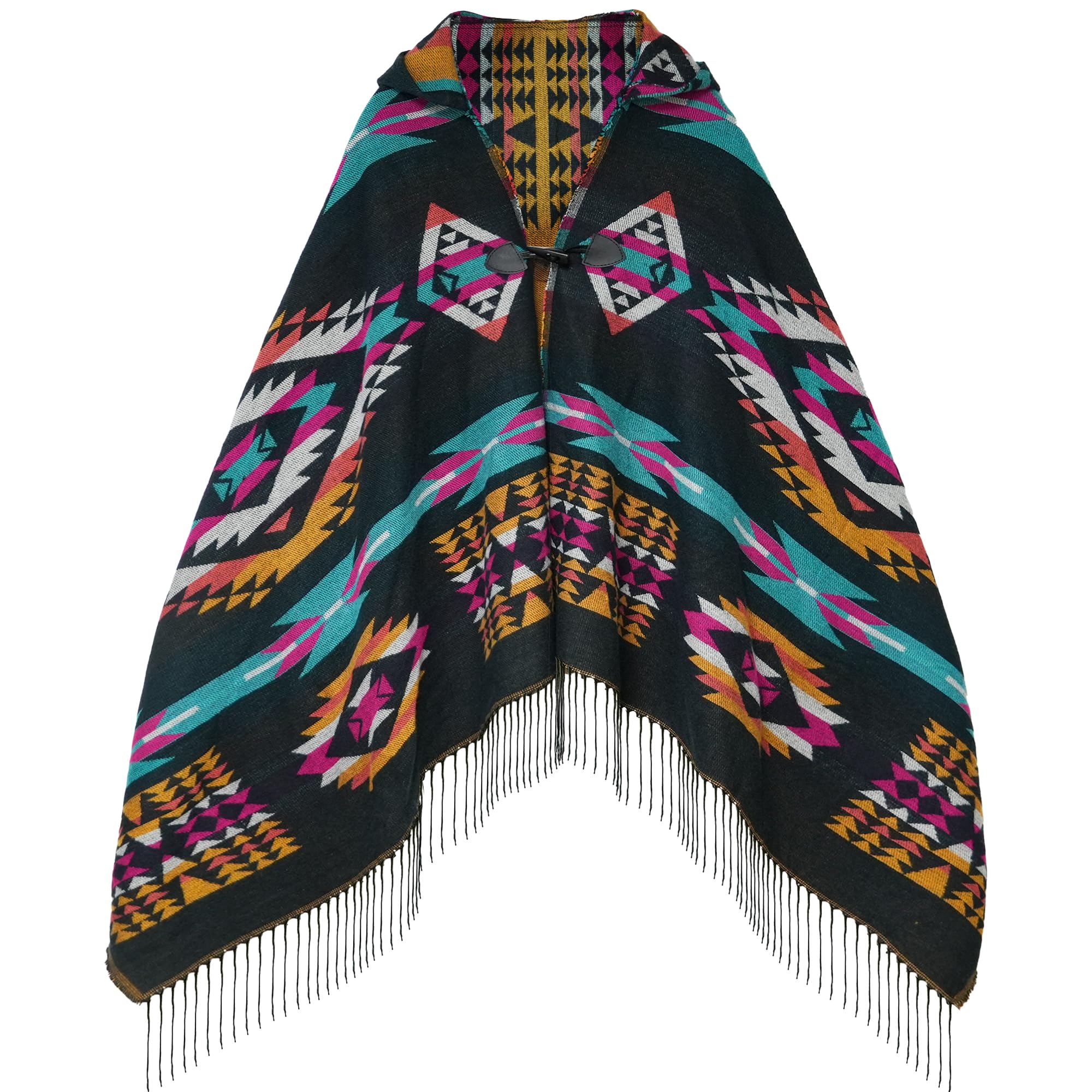 Uyuni Women's Indigo Bohemian Casual Shawl Fringe Poncho Cashmere Loose Vintage Patterned Cardigan