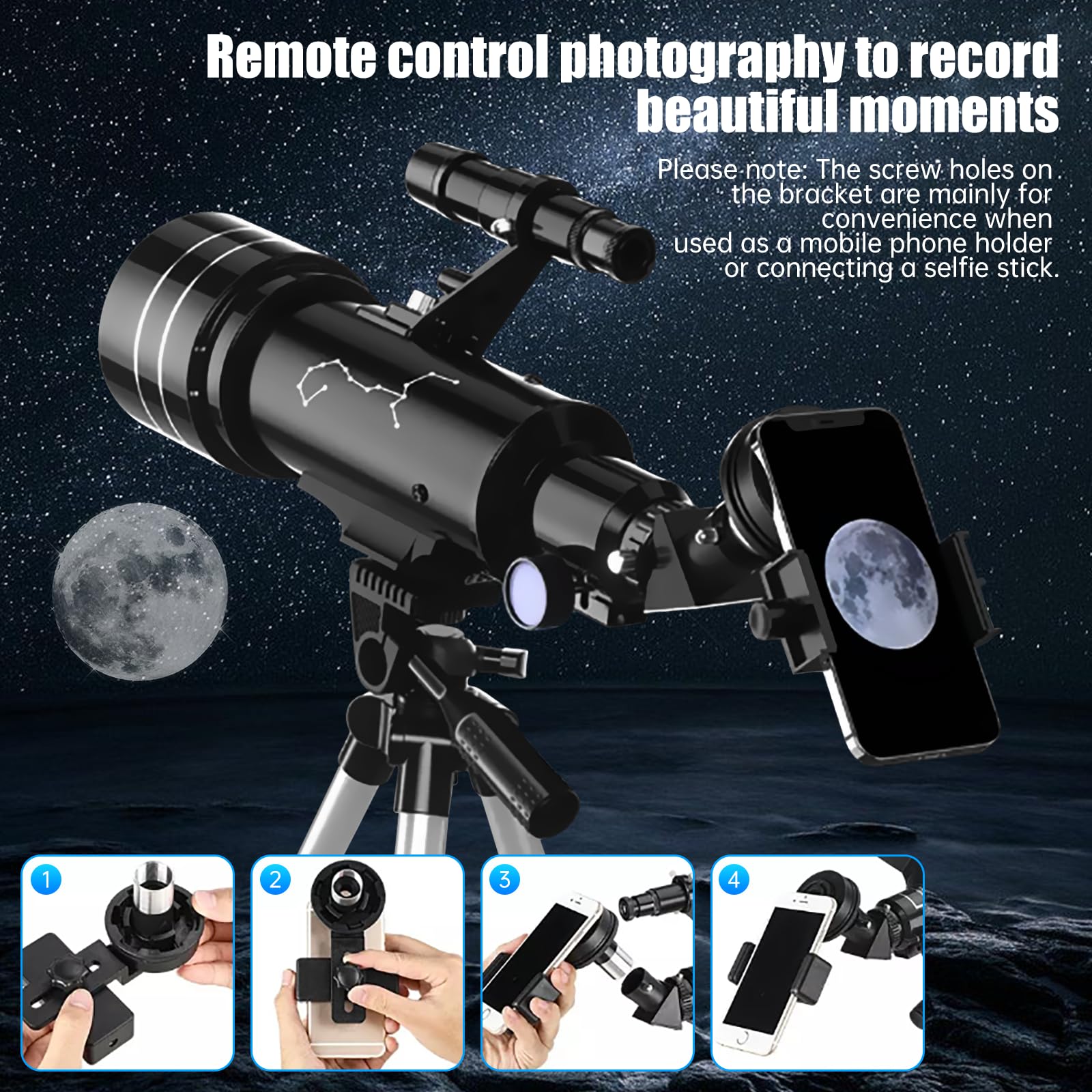 Telescopio Astronómicos Niños Adultos, Telescopio Portátil de Viaje Profesional 70mm de Apertura/400mm, 200x, con Trípode, Adaptador Teléfono, Bolsa para Principiantes Observación Terrestre Lunar Sol