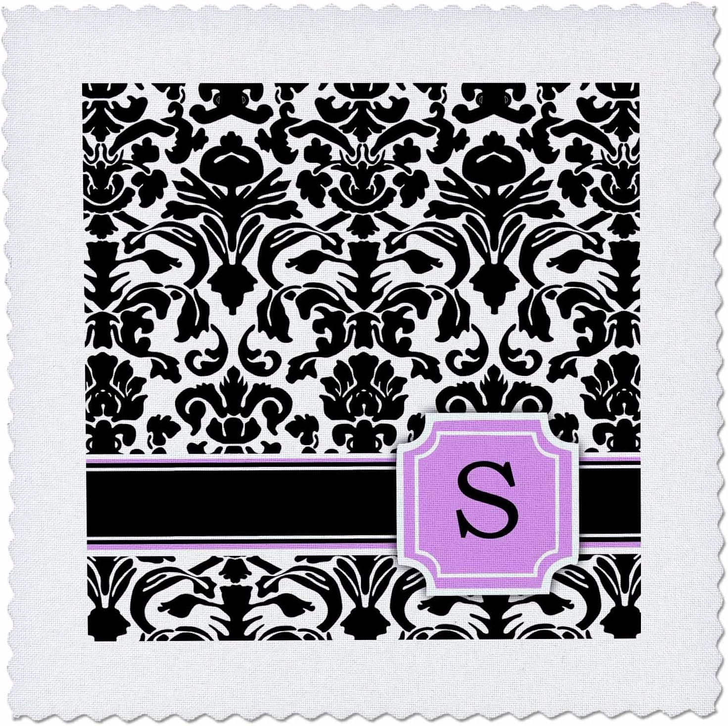 3dRose Personal Initial S Monogrammed Pink Black and White Damask Pattern Girly Stylish Personalized Letter 25x25 inch Quilt Square